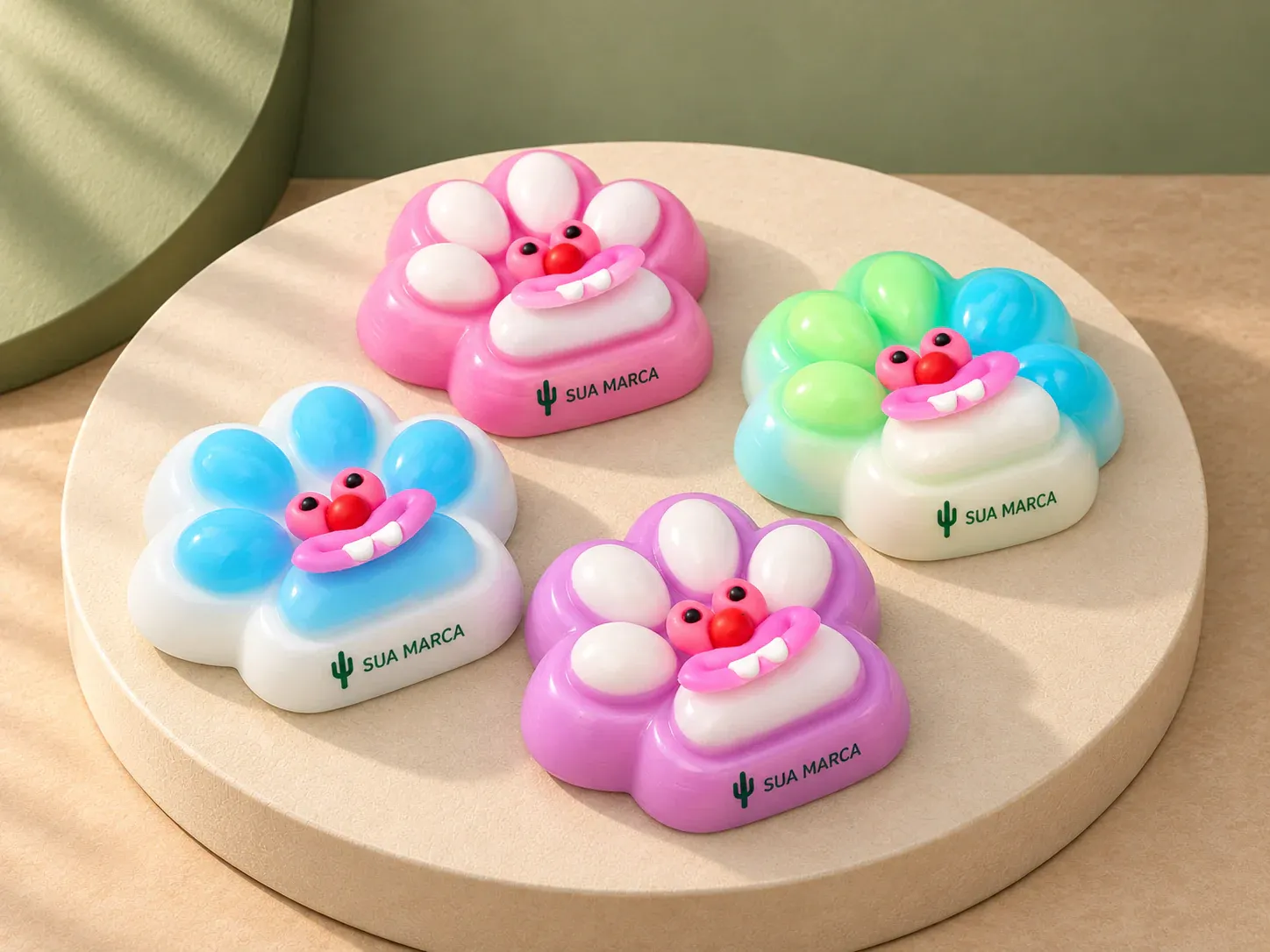 Squishy pata antiestresse com acessórios, com exemplo de personalização colorida: um cacto e o texto “SUA MARCA” impressos em cor