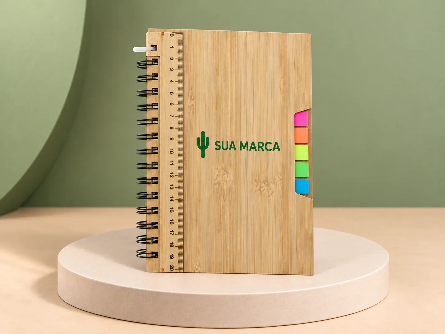 Caderno A5 bambu, com exemplo de personalização colorida: um cacto e o texto “SUA MARCA” impressos em cor