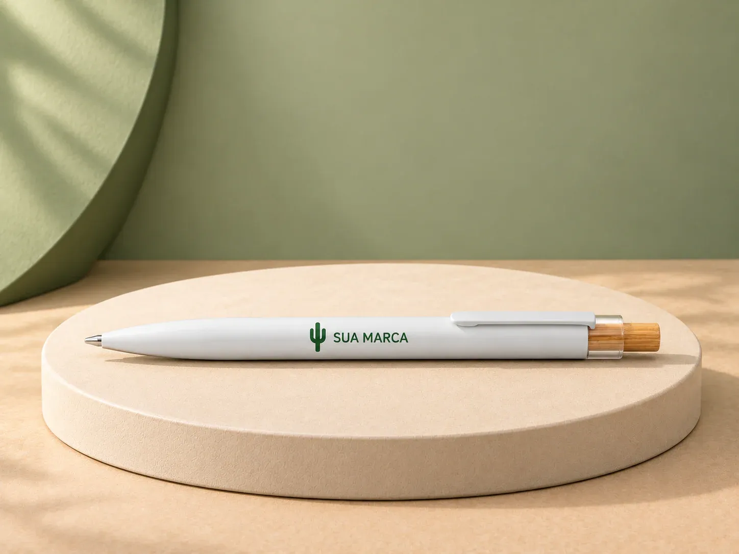 Esferográfica em alumínio reciclado com ponteira em bambu, com exemplo de personalização colorida: um cacto e o texto “SUA MARCA” impressos em cor