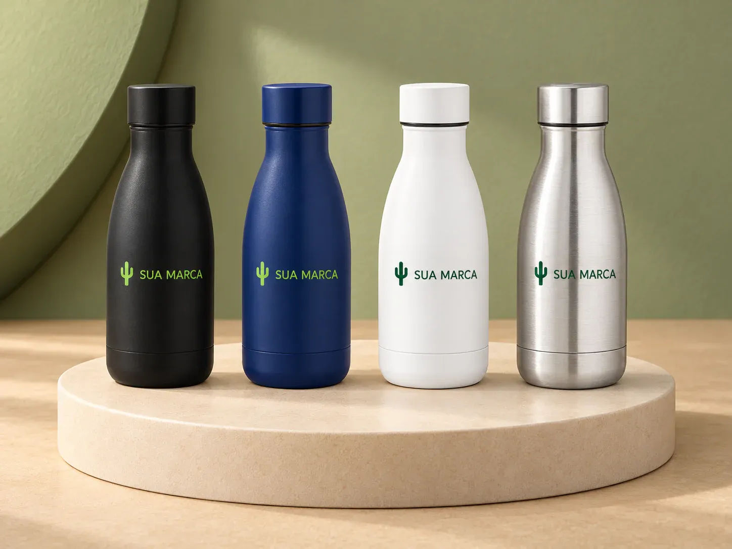 Garrafa térmica em aço inox reciclado 400 ml, com exemplo de personalização colorida: um cacto e o texto “SUA MARCA” impressos em cor
