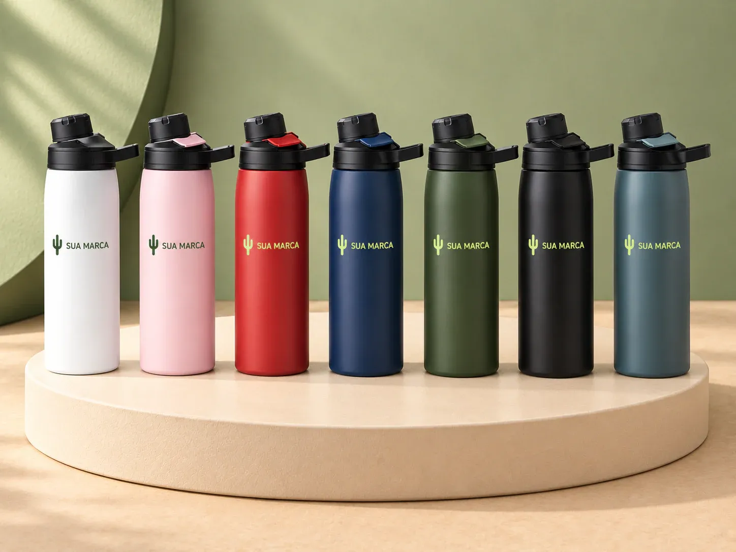 Garrafa térmica 600 ml, com exemplo de personalização colorida: um cacto e o texto “SUA MARCA” impressos em cor