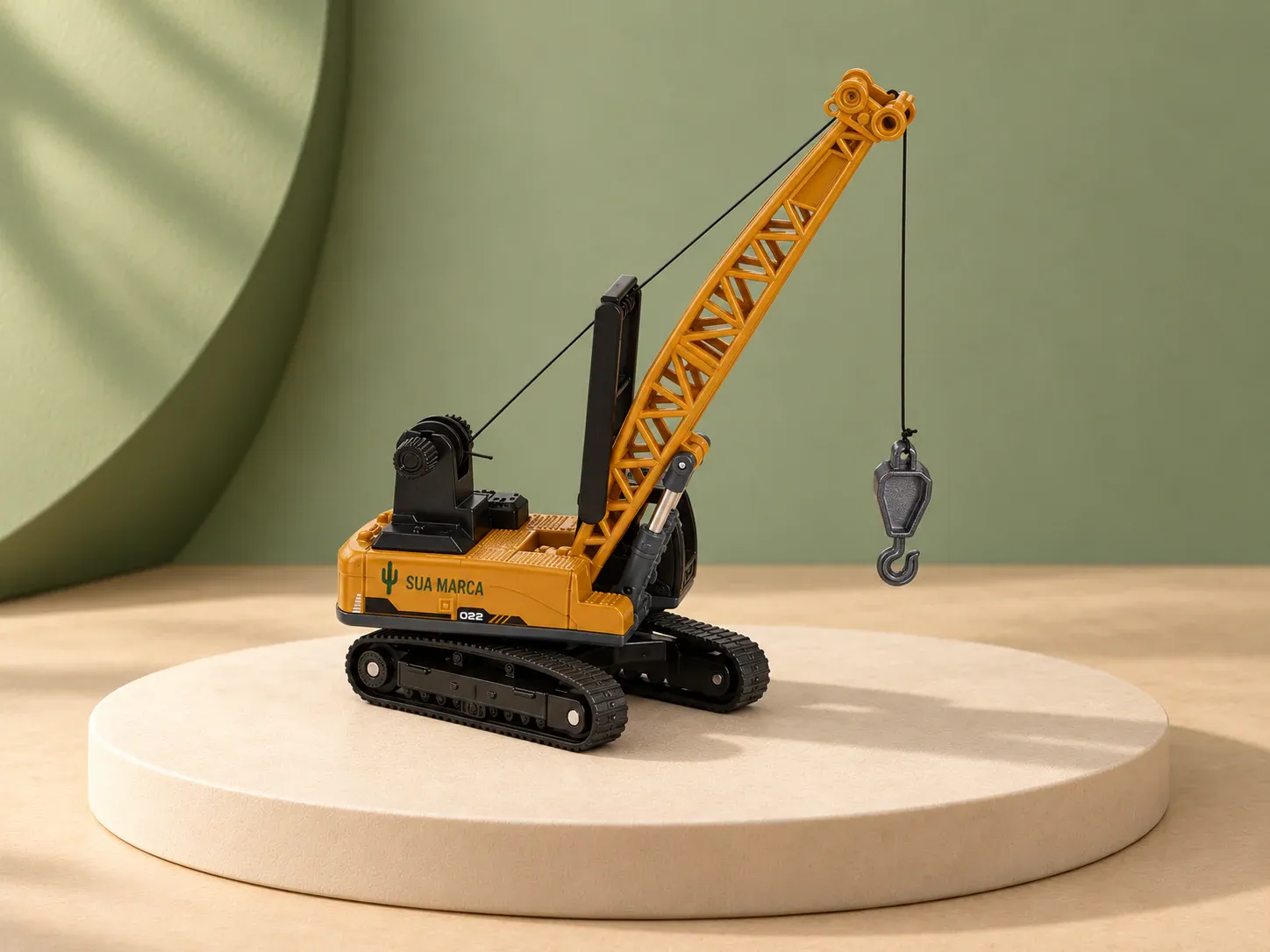 Guindaste de brinquedo em miniatura, com exemplo de personalização colorida: um cacto e o texto “SUA MARCA” impressos em cor