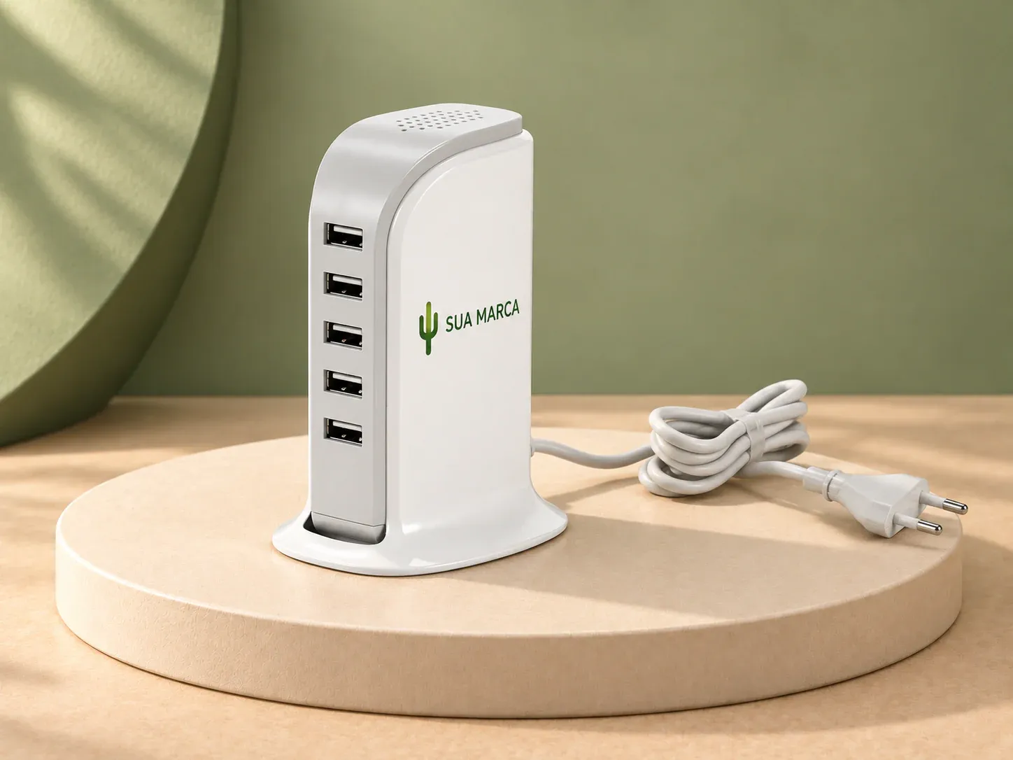 Estação de carregamento USB, com exemplo de personalização colorida: um cacto e o texto “SUA MARCA” impressos em cor