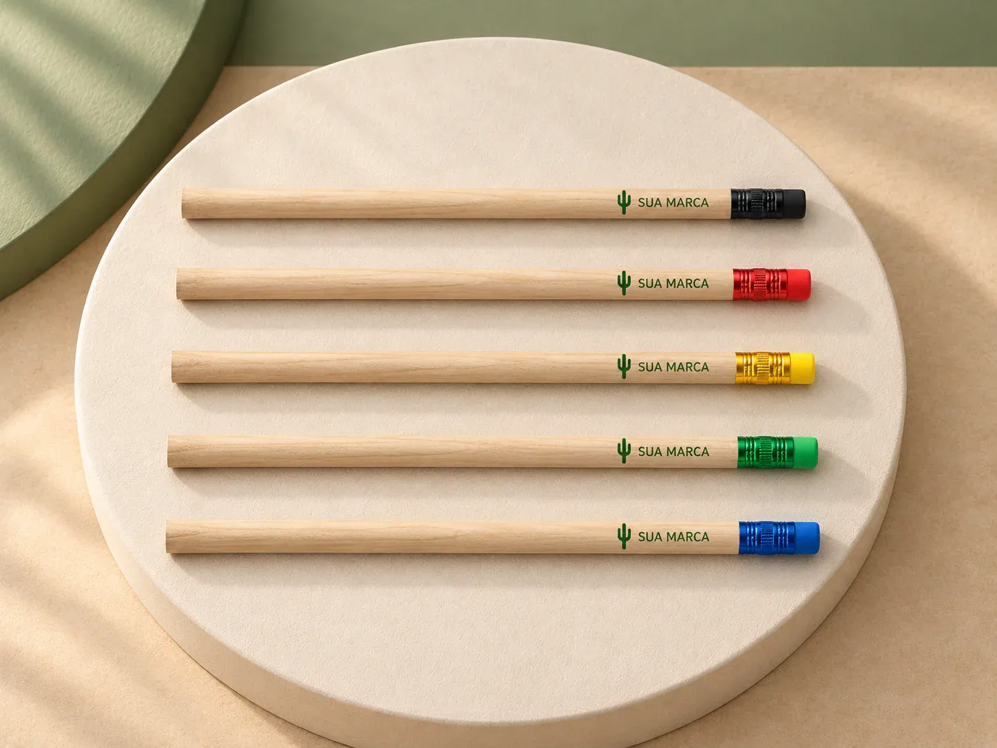 Lápis em madeira natural com borracha, com exemplo de personalização colorida: um cacto e o texto “SUA MARCA” impressos em cor