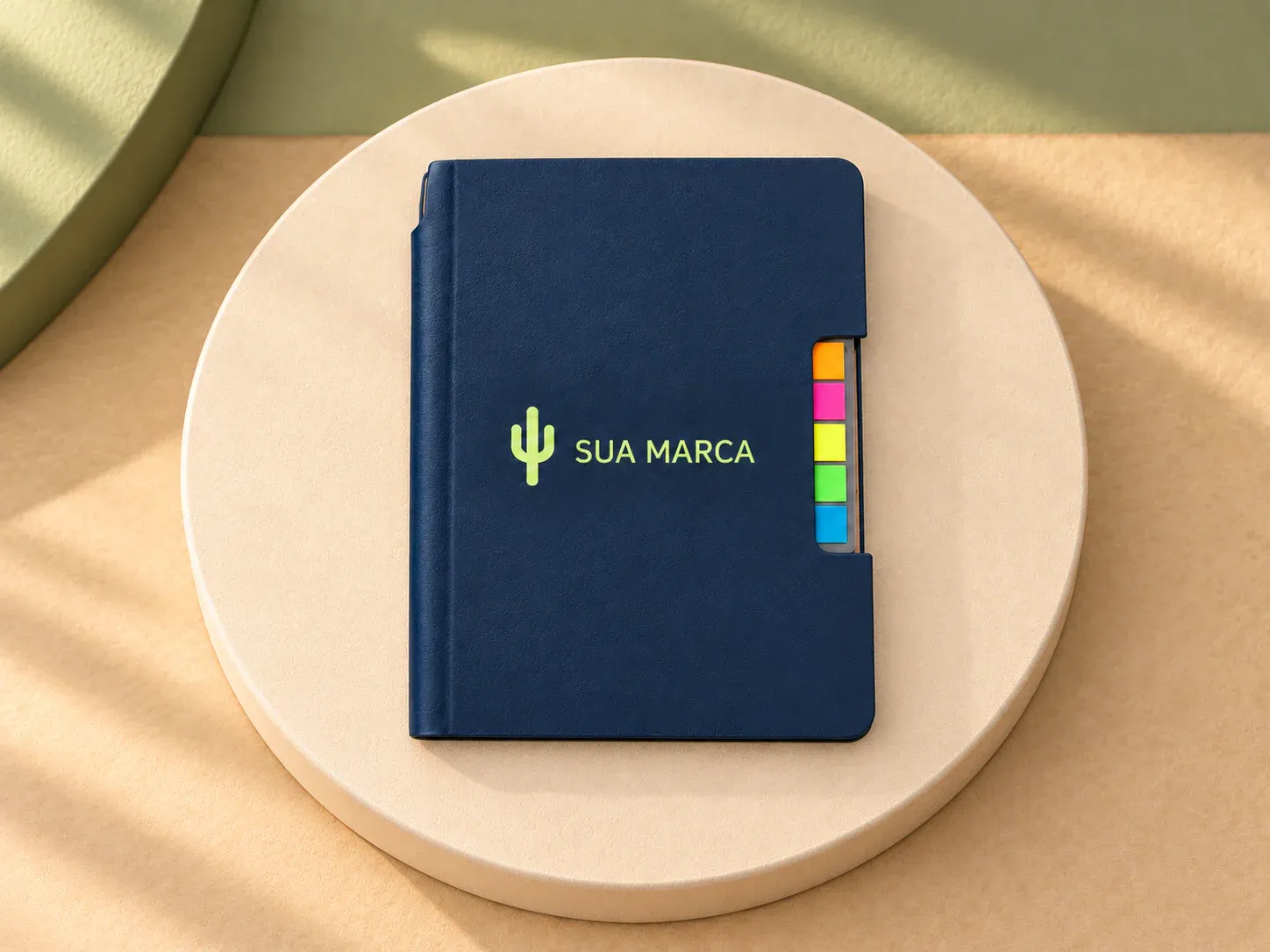 Caderneta com autoadesivos em couro sintético, com exemplo de personalização colorida: um cacto e o texto “SUA MARCA” impressos em cor