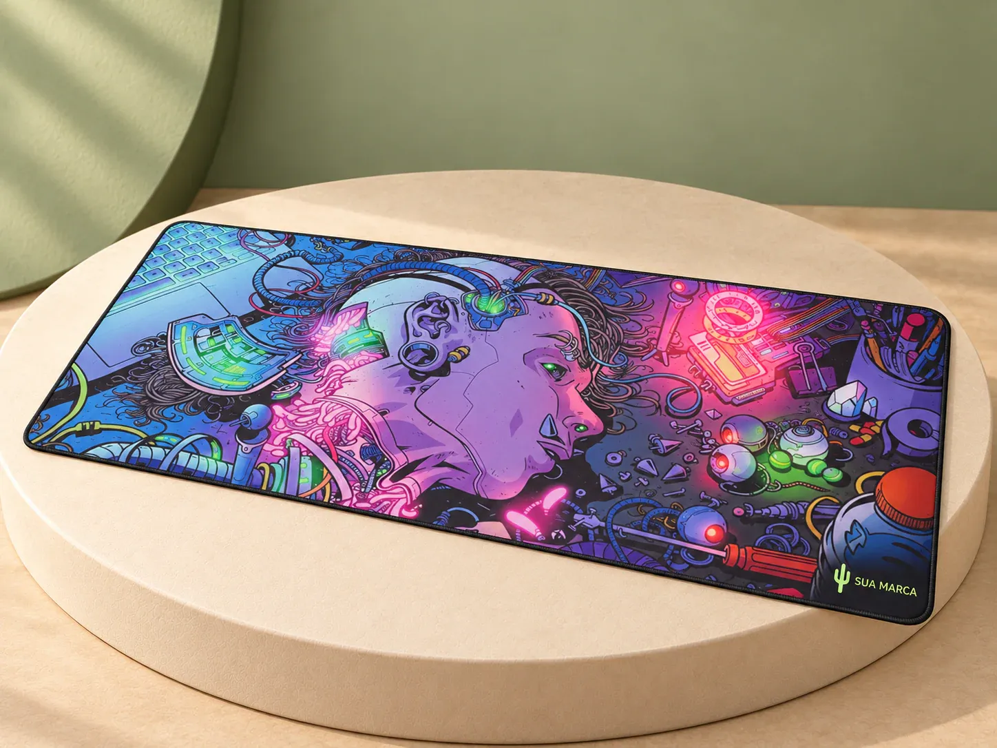 Desk pad poliéster, com exemplo de personalização colorida: um cacto e o texto “SUA MARCA” impressos em cor