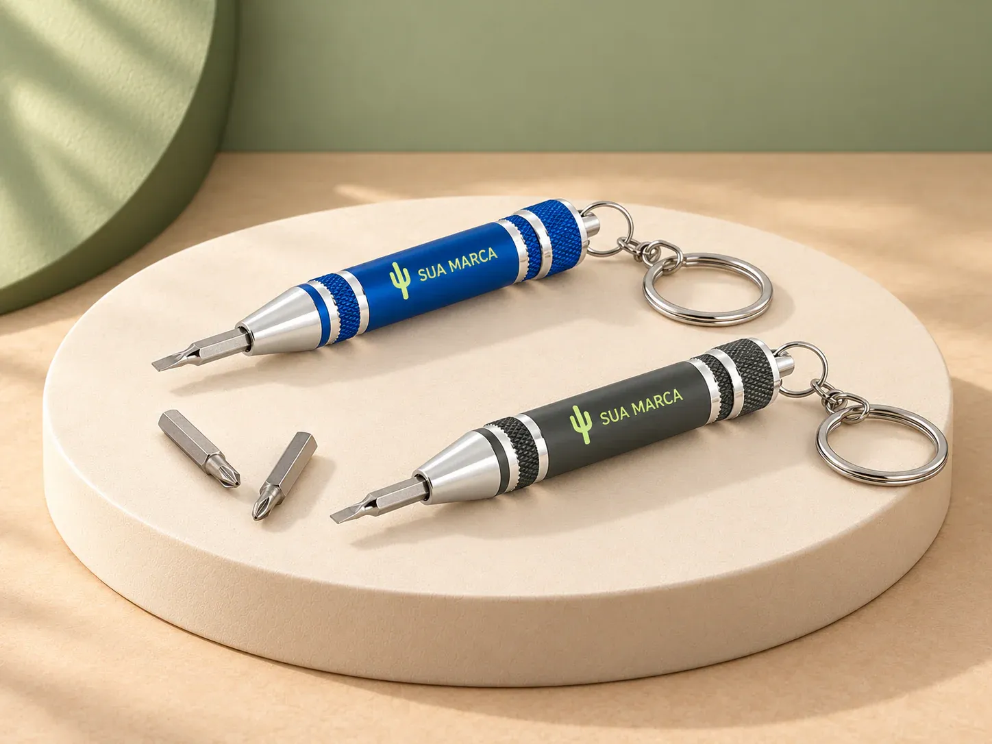 Chaveiro com mini chave de parafusos em metal, com exemplo de personalização colorida: um cacto e o texto “SUA MARCA” impressos em cor