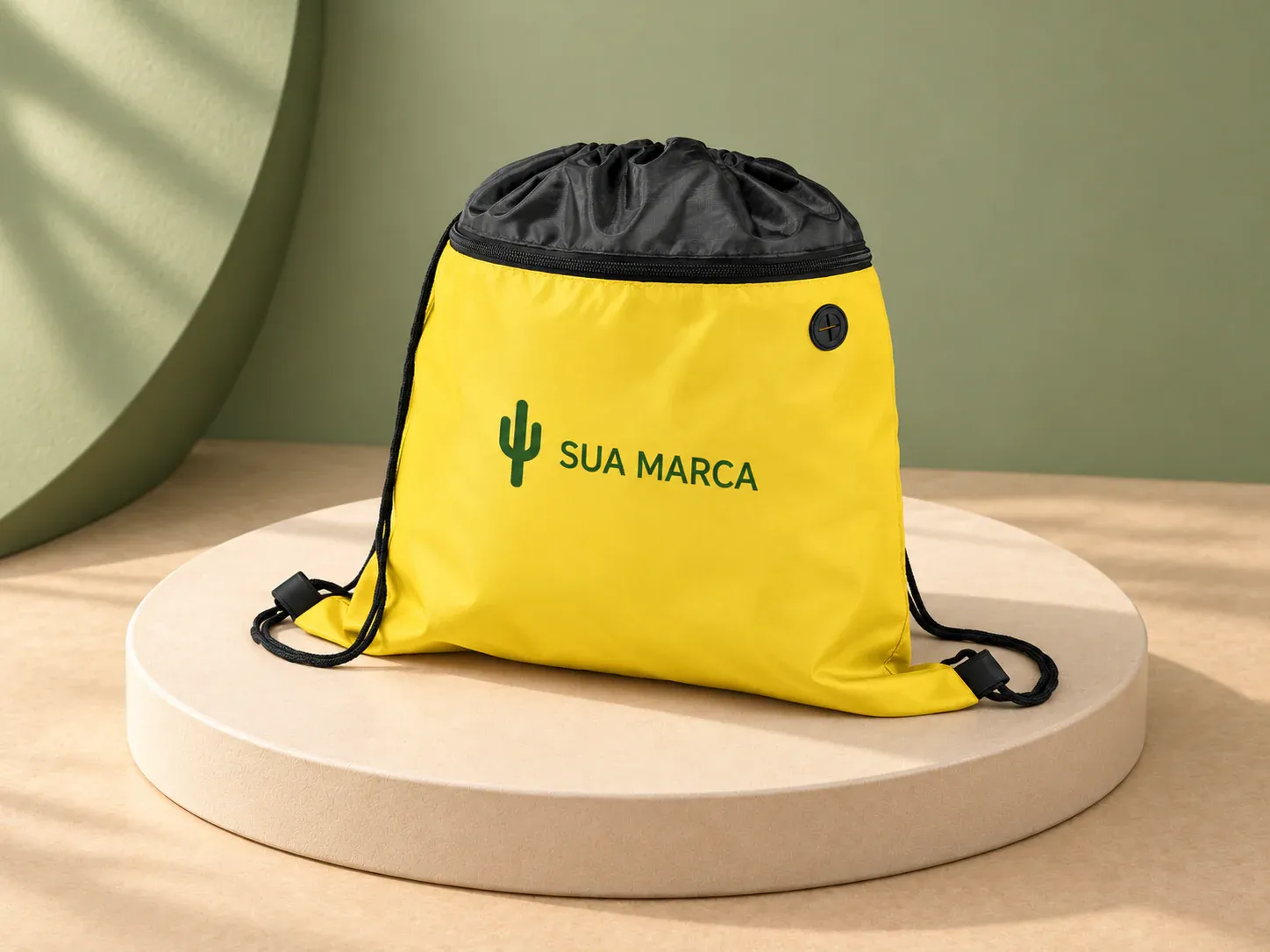 Sacola mochila em 210D amarela com zíper, com exemplo de personalização colorida: um cacto e o texto “SUA MARCA” impressos em cor