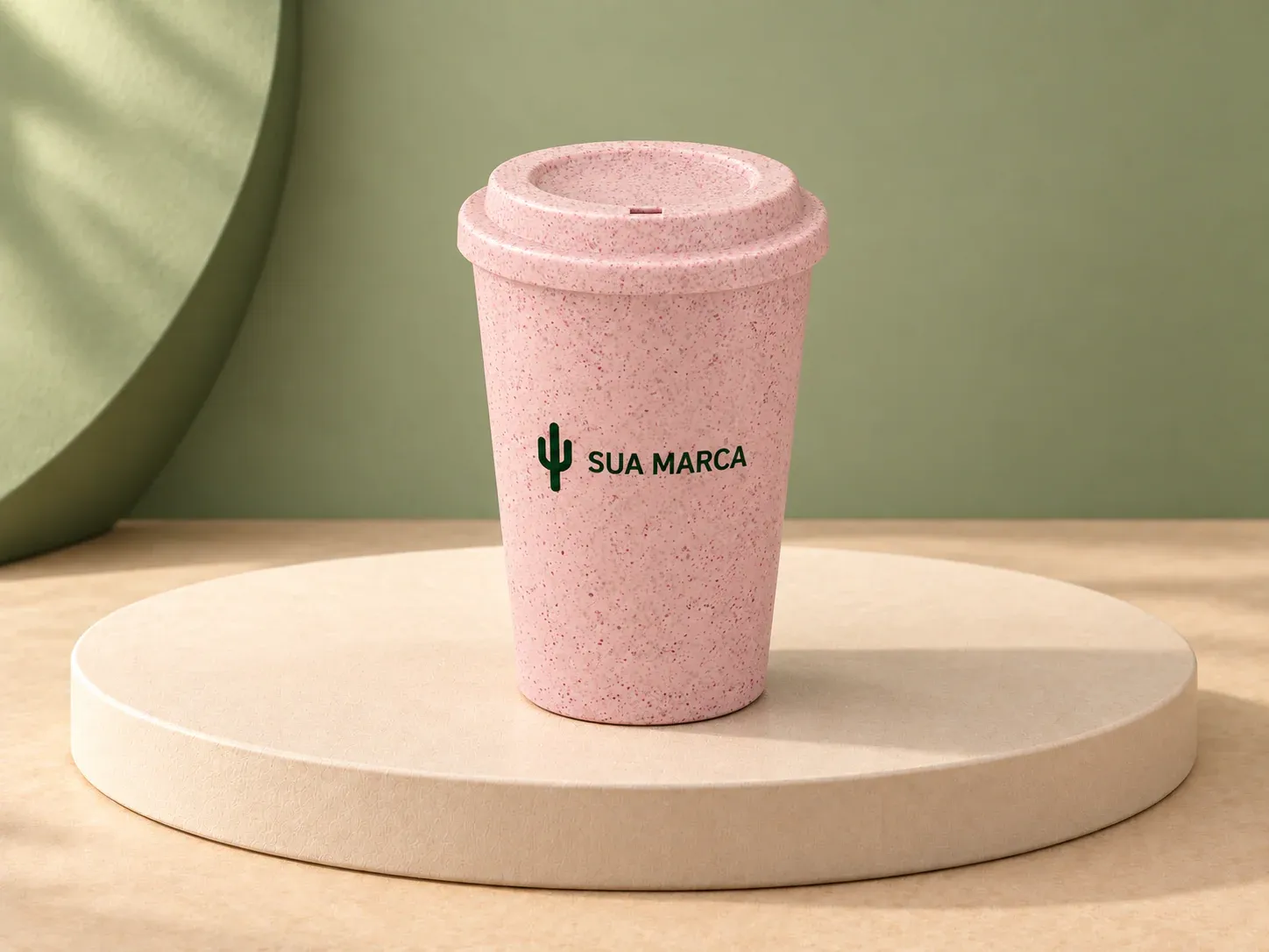 Copo em fibra de arroz 450 ml, com exemplo de personalização colorida: um cacto e o texto “SUA MARCA” impressos em cor