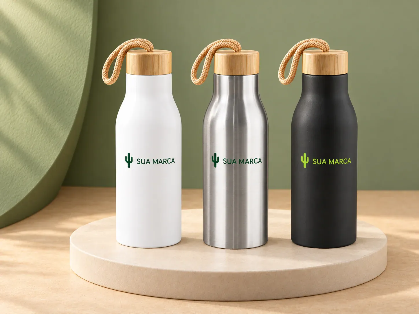 Squeeze em aço inox 570 ml com tampa de bambu, com exemplo de personalização colorida: um cacto e o texto “SUA MARCA” impressos em cor