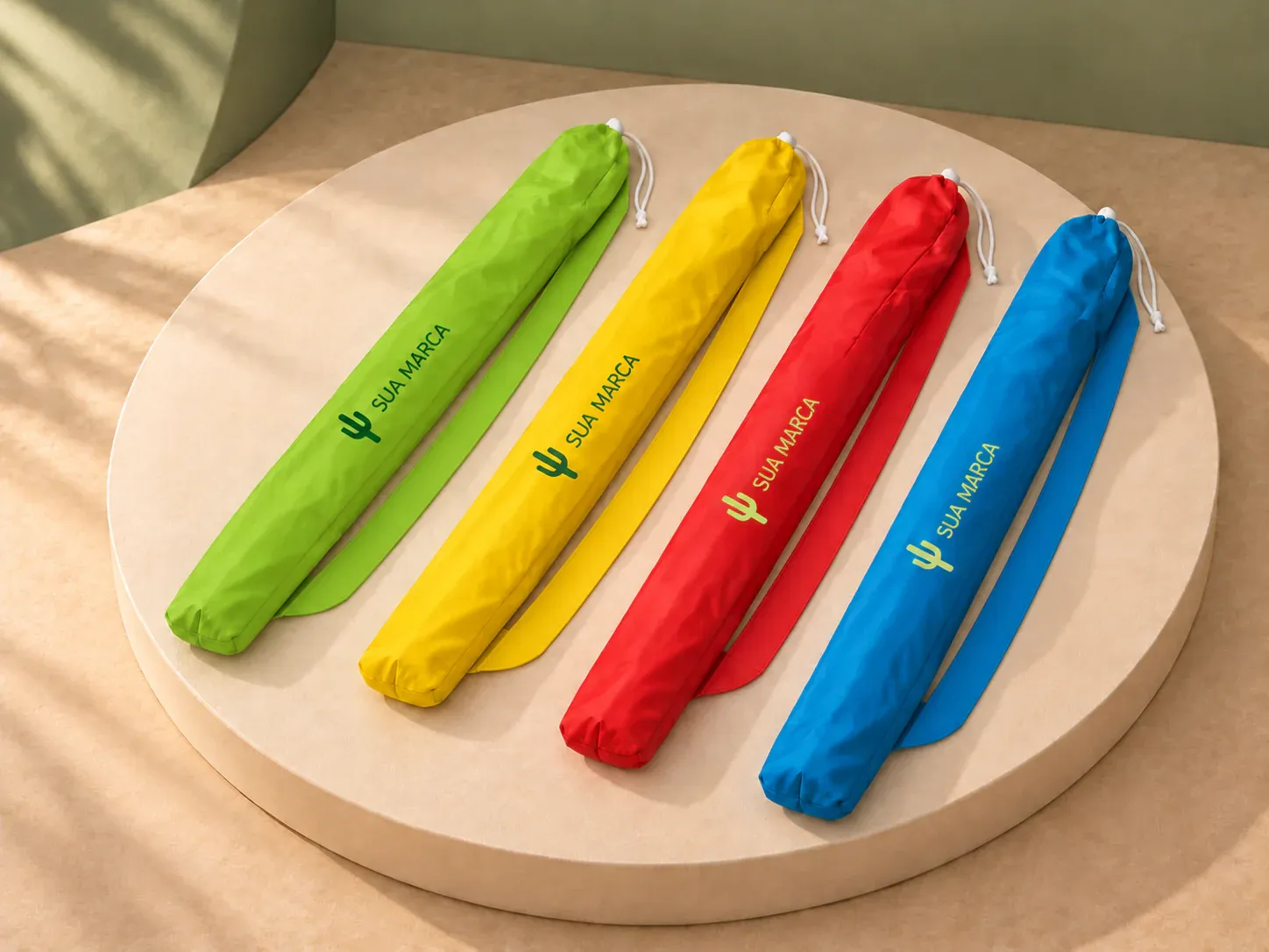 Guarda-sol em poliéster 170T com bolsa, com exemplo de personalização colorida: um cacto e o texto “SUA MARCA” impressos em cor