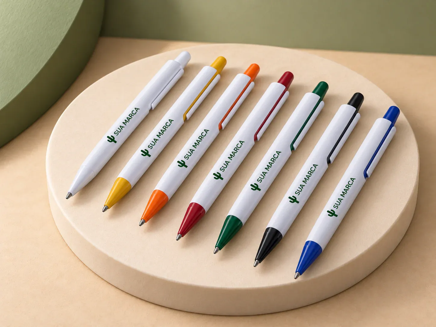 Caneta plástica, com exemplo de personalização colorida: um cacto e o texto “SUA MARCA” impressos em cor