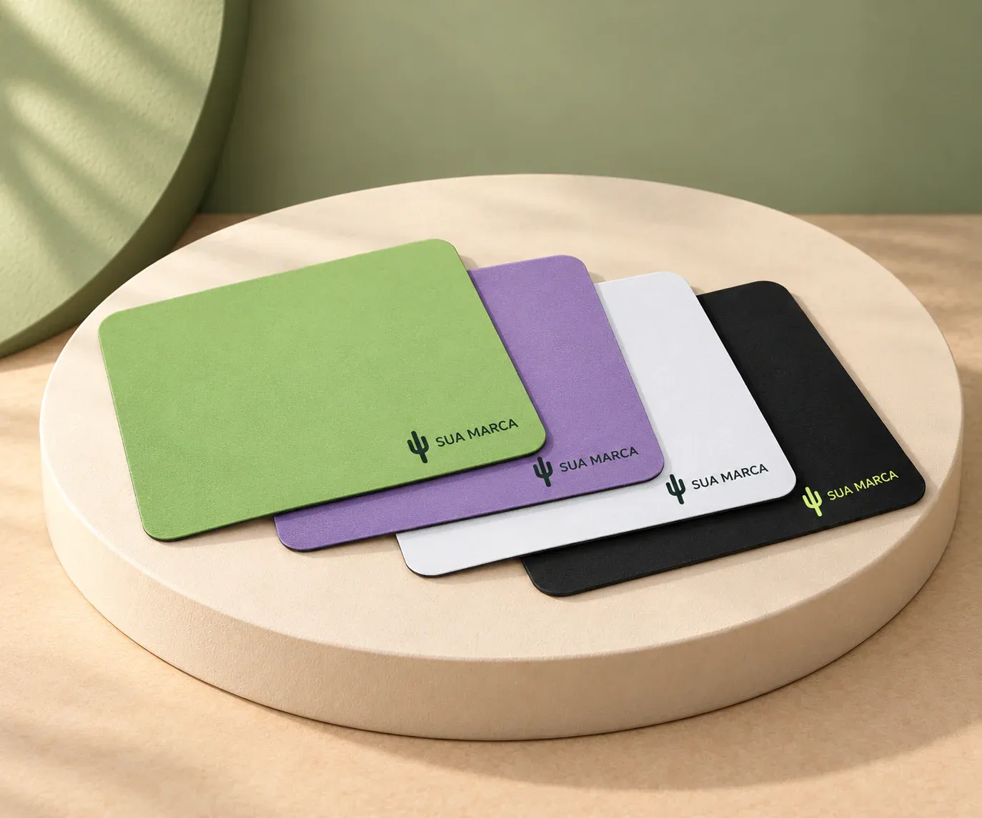 Mouse pad, com exemplo de personalização colorida: um cacto e o texto “SUA MARCA” impressos em cor