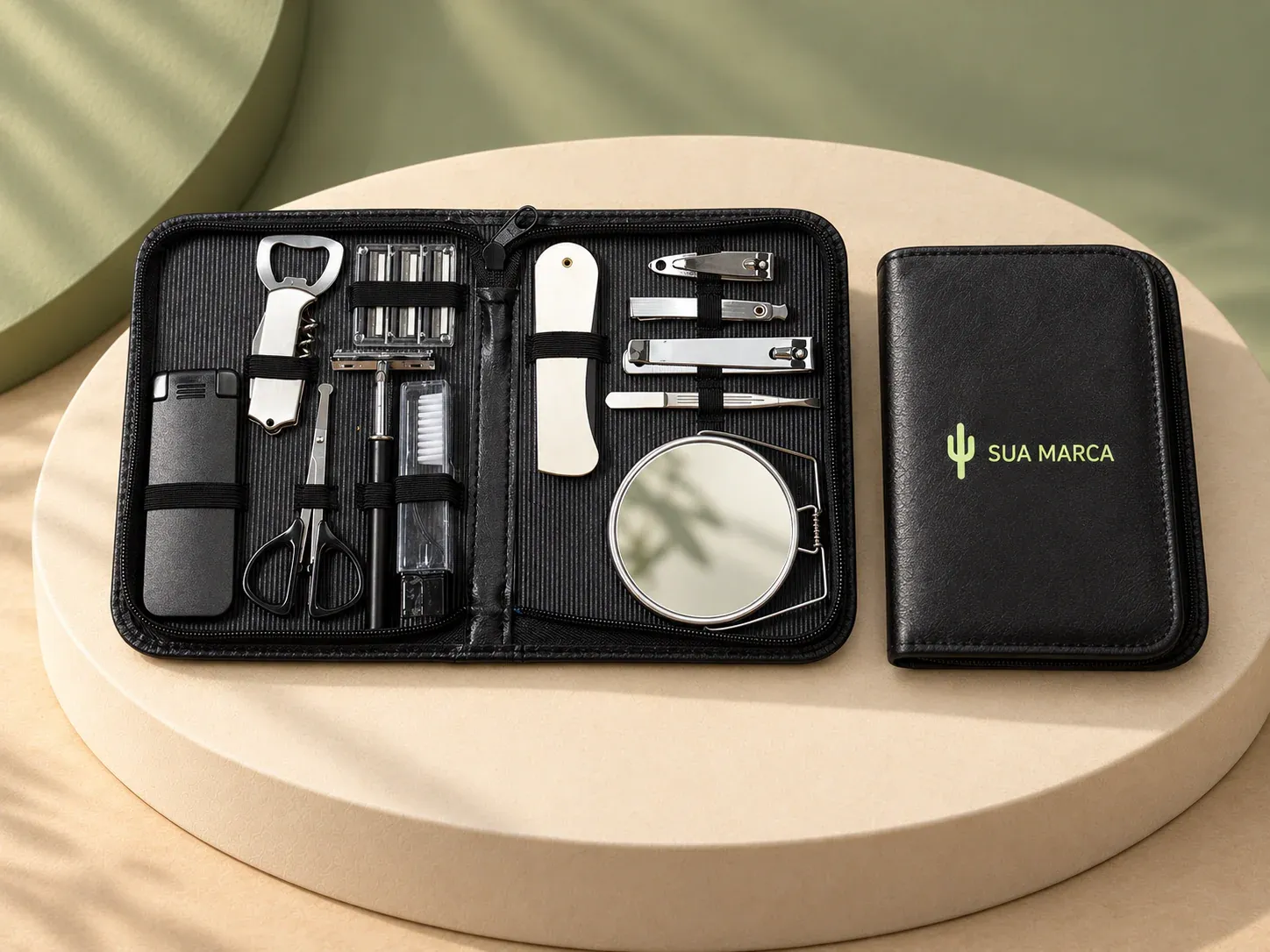 Kit masculino 12 peças, com exemplo de personalização colorida: um cacto e o texto “SUA MARCA” impressos em cor