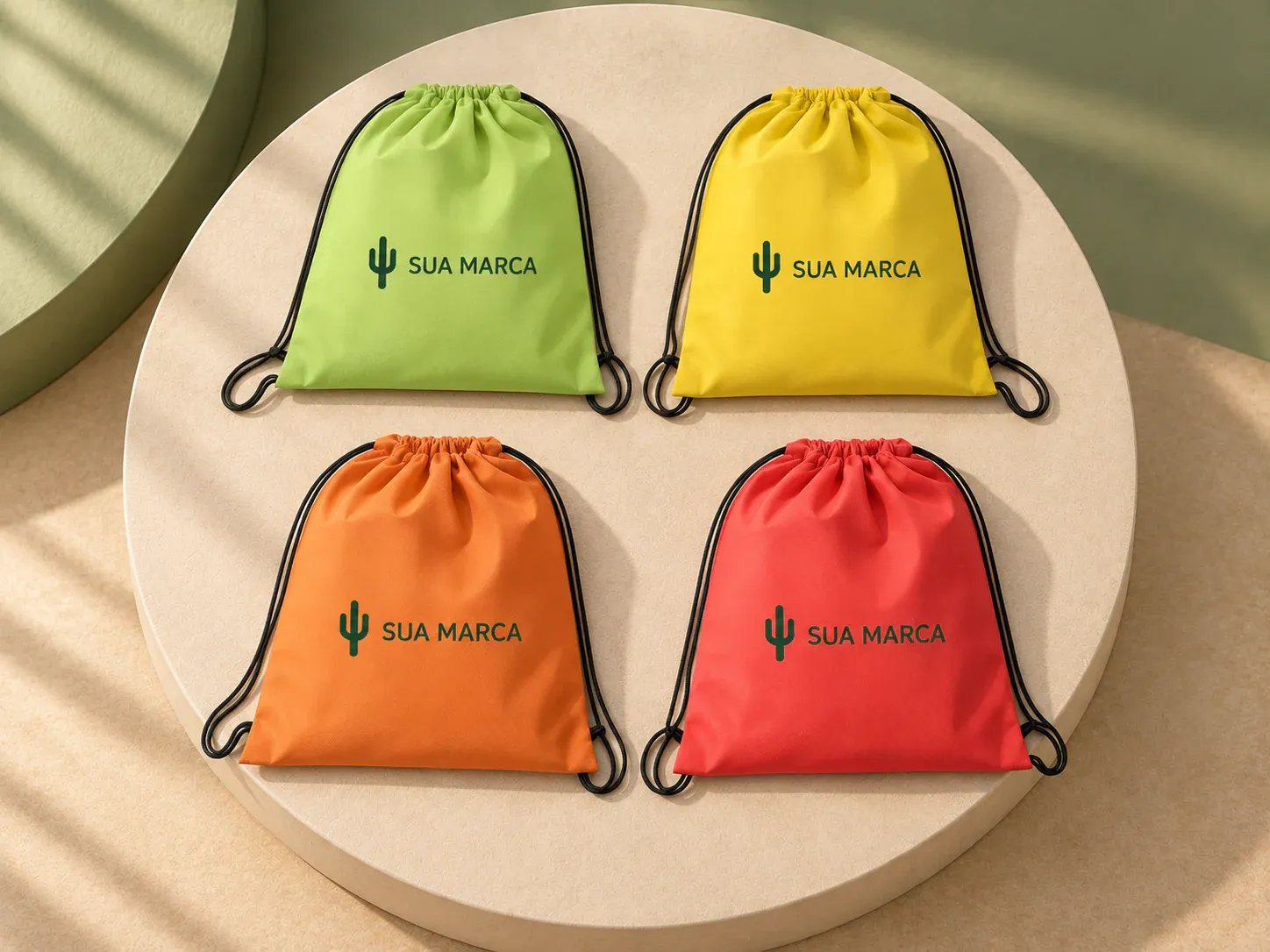 Sacola tipo mochila em non-woven, com exemplo de personalização colorida: um cacto e o texto “SUA MARCA” impressos em cor