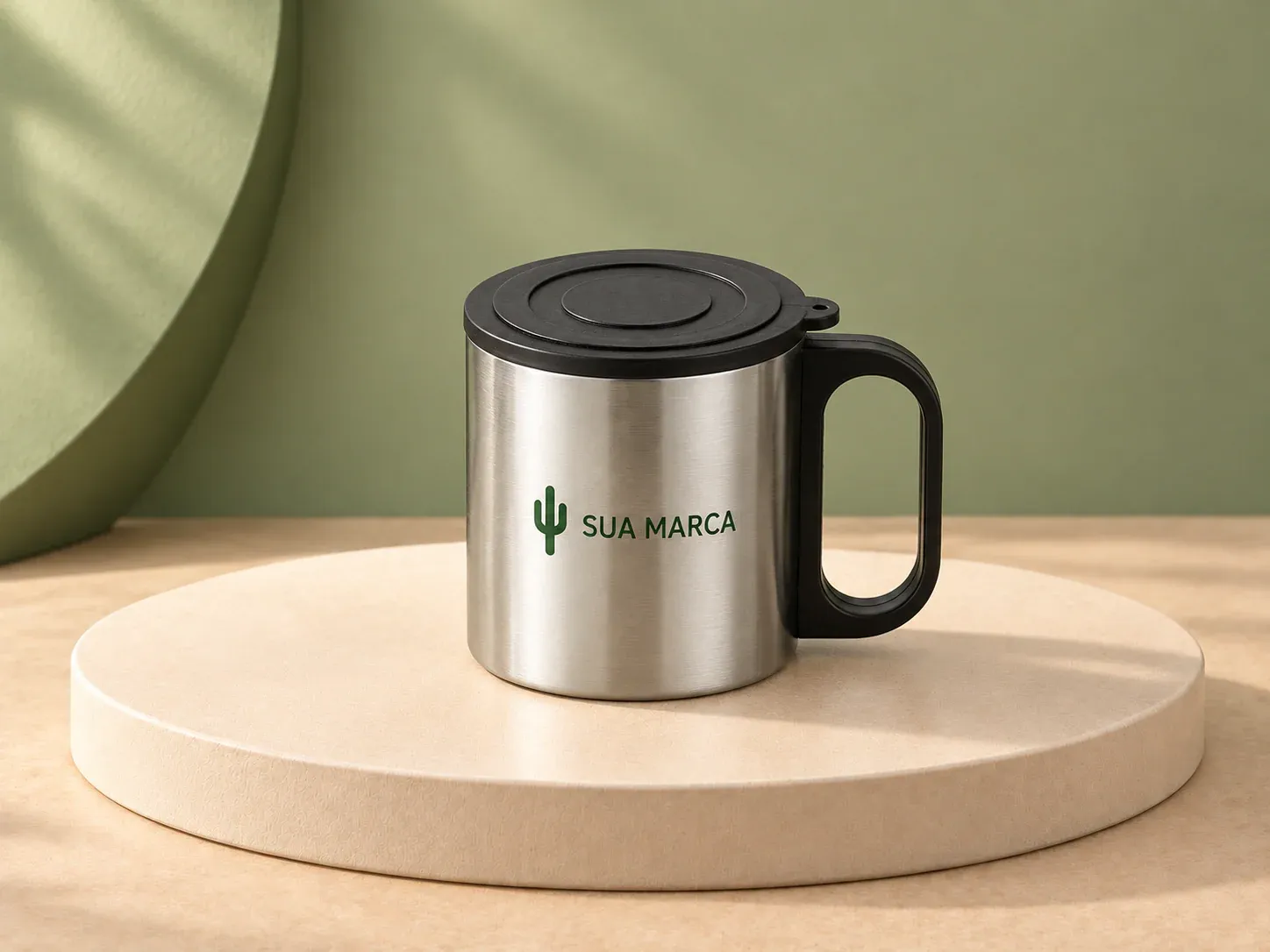 Caneca inox 180 ml, com exemplo de personalização colorida: um cacto e o texto “SUA MARCA” impressos em cor