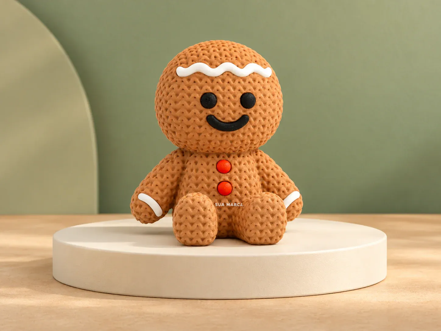 Boneco de biscoito com textura de tricô, com exemplo de personalização colorida: um cacto e o texto “SUA MARCA” impressos em cor