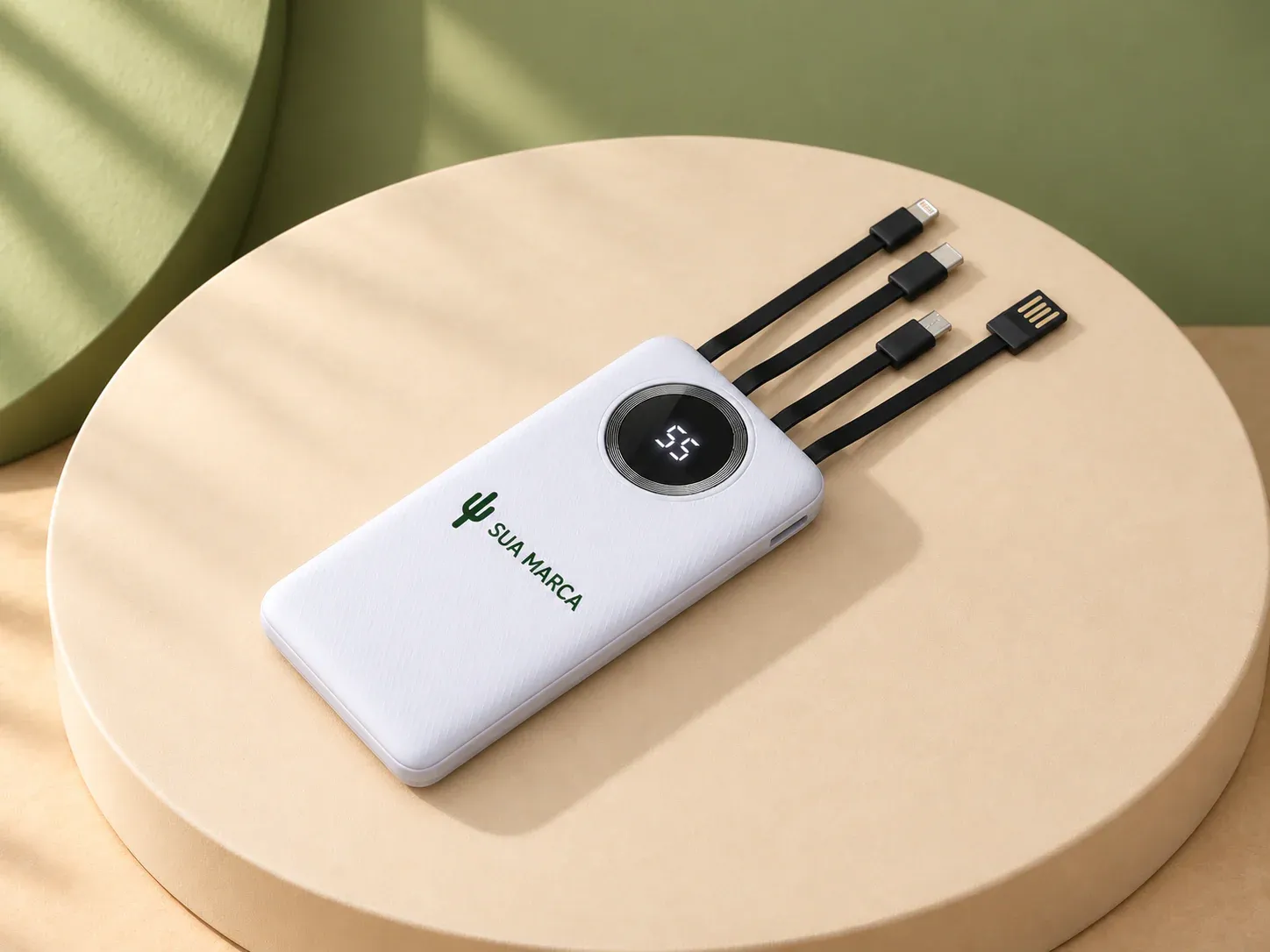Power bank 10.000 mAh com lanterna e multissaídas, com exemplo de personalização colorida: um cacto e o texto “SUA MARCA” impressos em cor