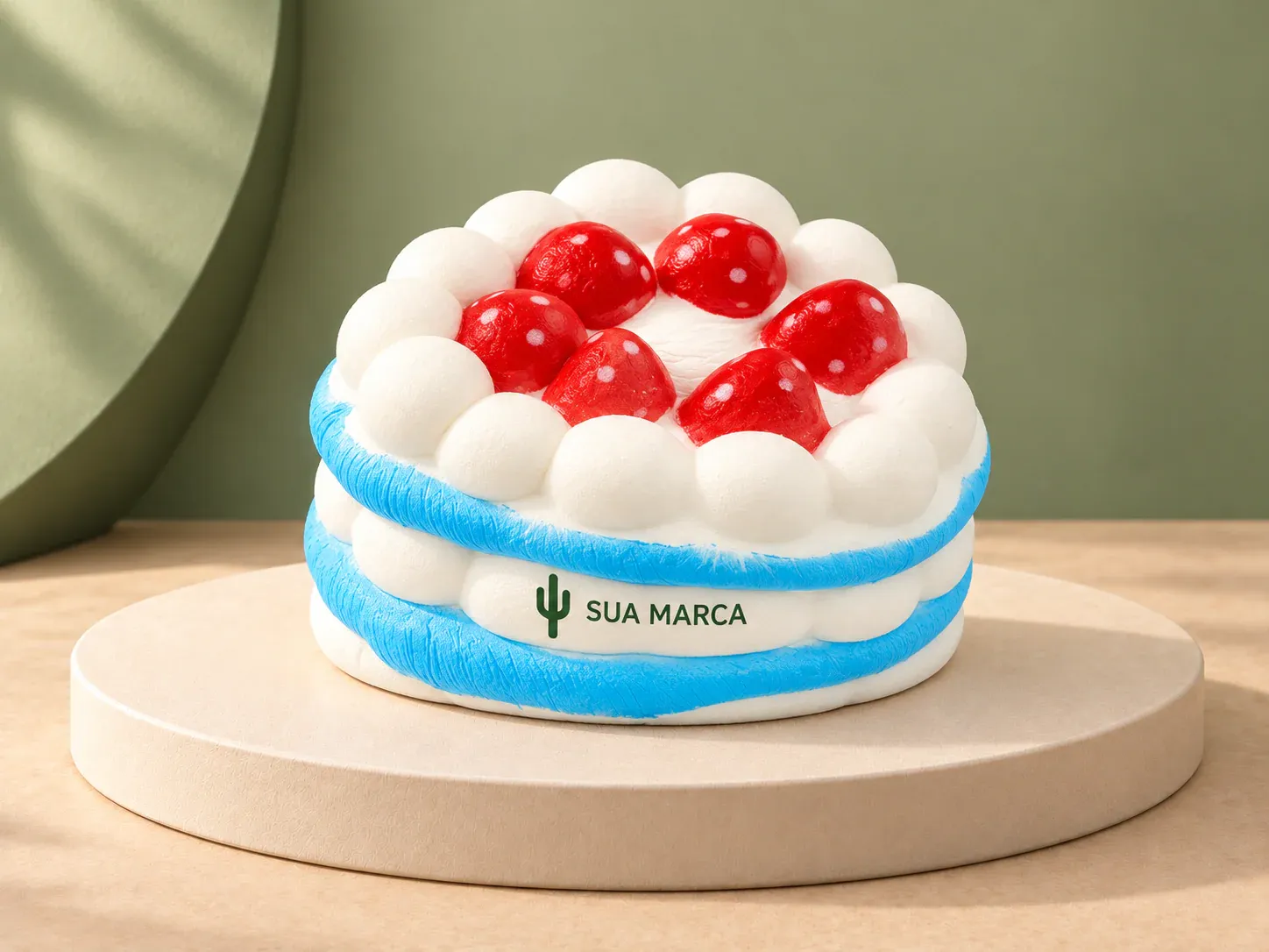 Squishy bolo antiestresse, com exemplo de personalização colorida: um cacto e o texto “SUA MARCA” impressos em cor