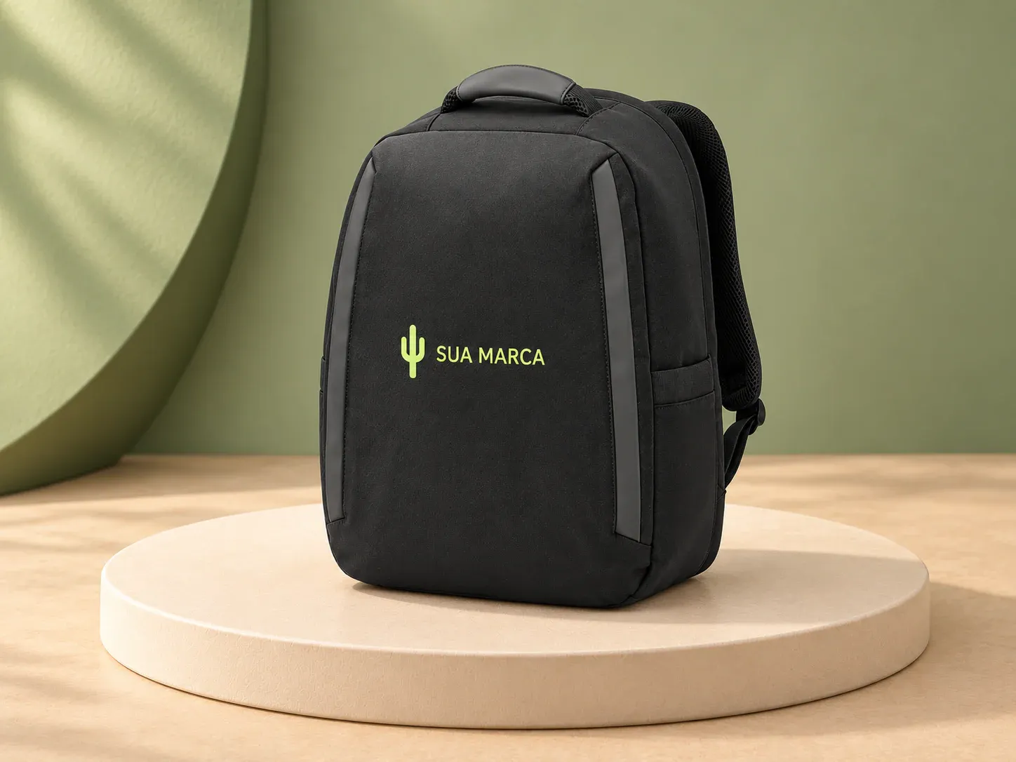 Mochila antirroubo em poliéster reciclado 600D twill com bolso para notebook 17.3" 20 L, com exemplo de personalização colorida: um cacto e o texto “SUA MARCA” impressos em cor