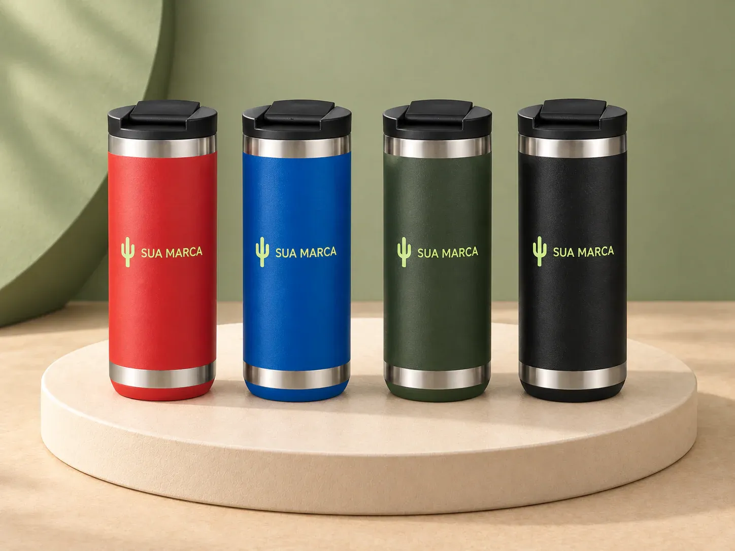 Copo térmico 550 ml, com exemplo de personalização colorida: um cacto e o texto “SUA MARCA” impressos em cor