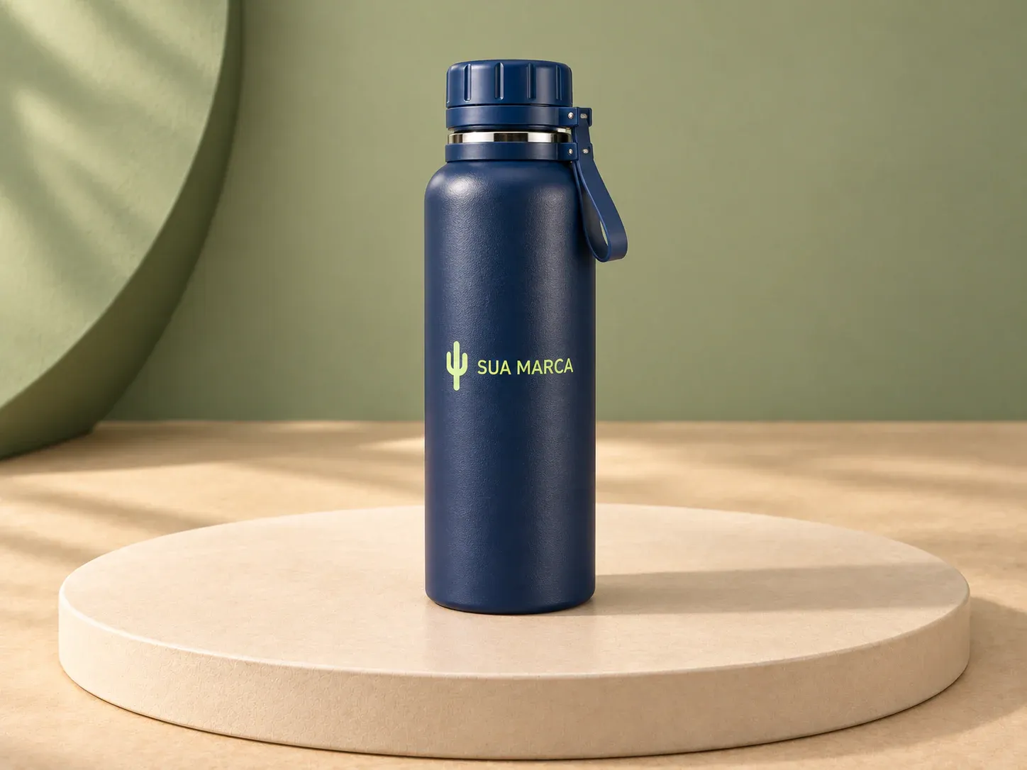 Garrafa térmica inox 1 litro, com exemplo de personalização colorida: um cacto e o texto “SUA MARCA” impressos em cor