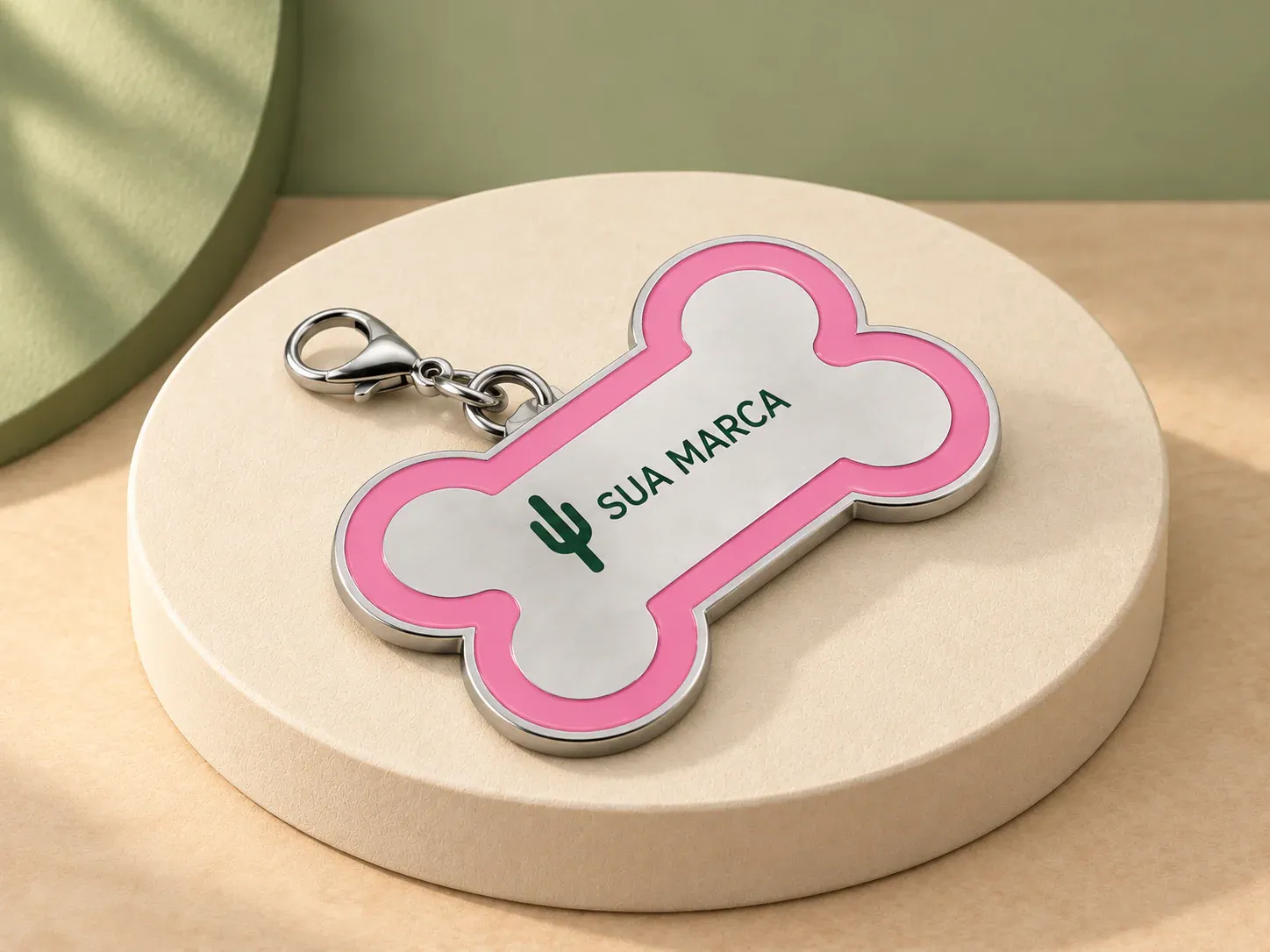 Chaveiro em formato de osso com linha colorida para pet, com exemplo de personalização colorida: um cacto e o texto “SUA MARCA” impressos em cor