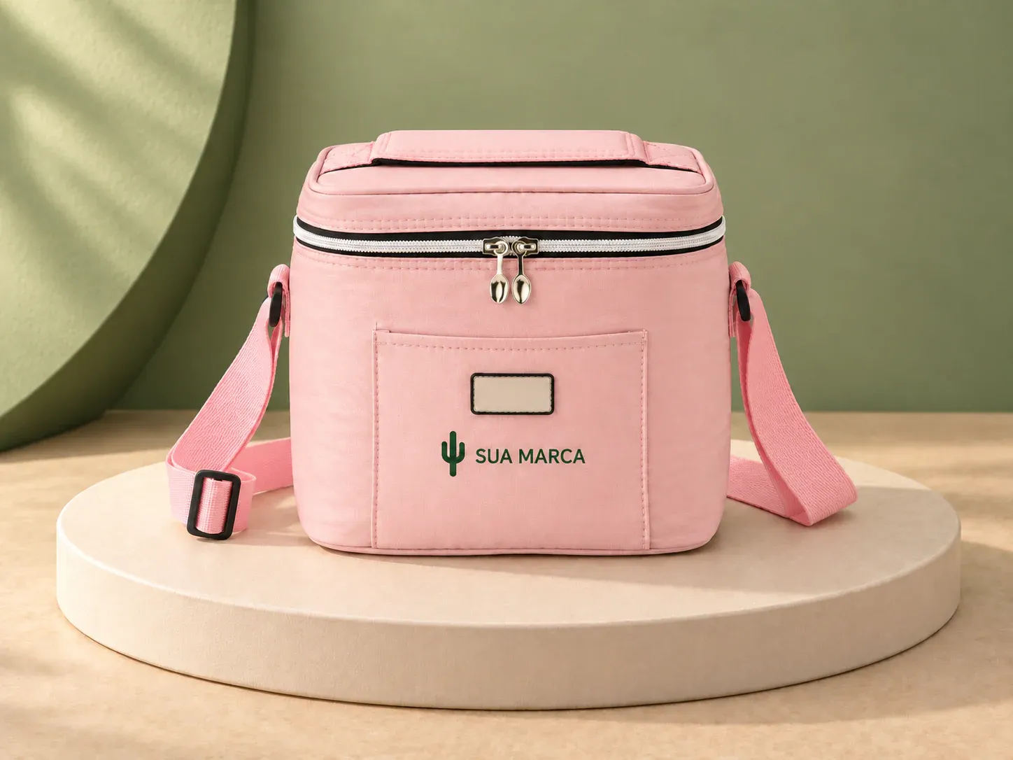 Bolsa térmica em tecido sintético 10 L com alça transversal, com exemplo de personalização colorida: um cacto e o texto “SUA MARCA” impressos em cor