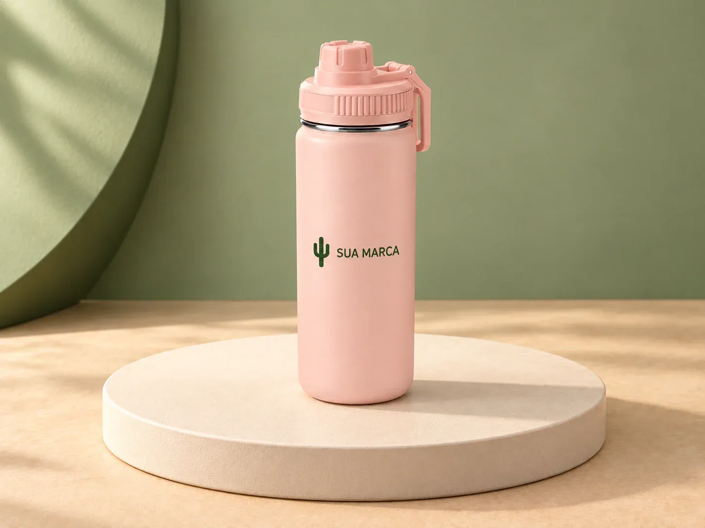 Garrafa em aço inox 780 ml, com exemplo de personalização colorida: um cacto e o texto “SUA MARCA” impressos em cor
