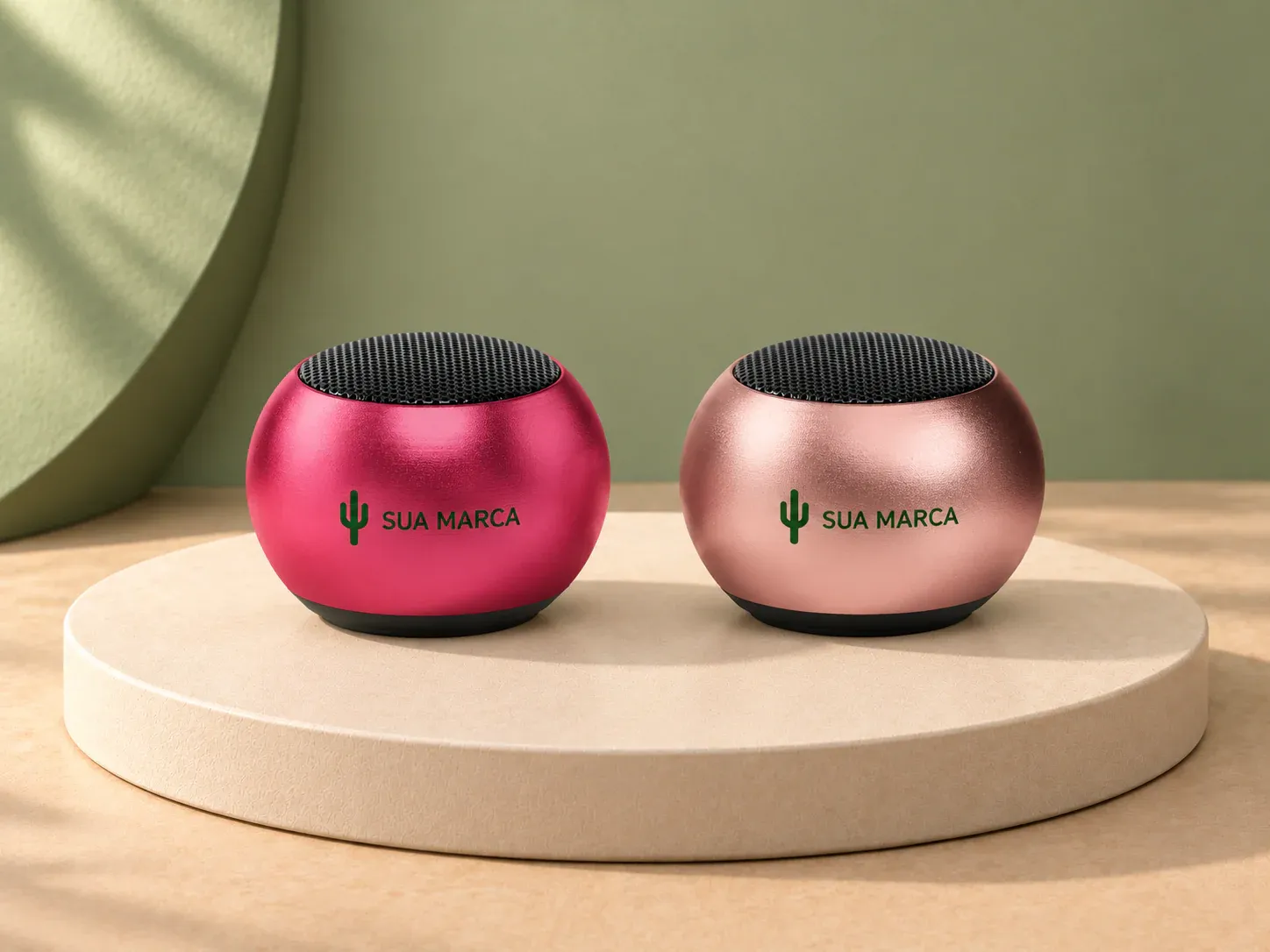 Caixa de som Bluetooth TWS em inox com base emborrachada, com exemplo de personalização colorida: um cacto e o texto “SUA MARCA” impressos em cor