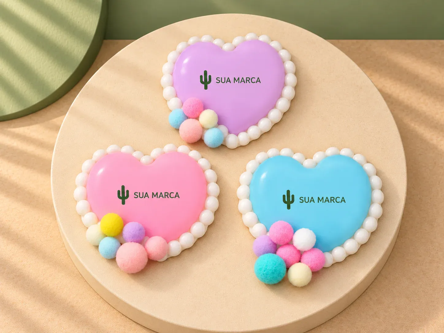 Squishy coração antiestresse, com exemplo de personalização colorida: um cacto e o texto “SUA MARCA” impressos em cor
