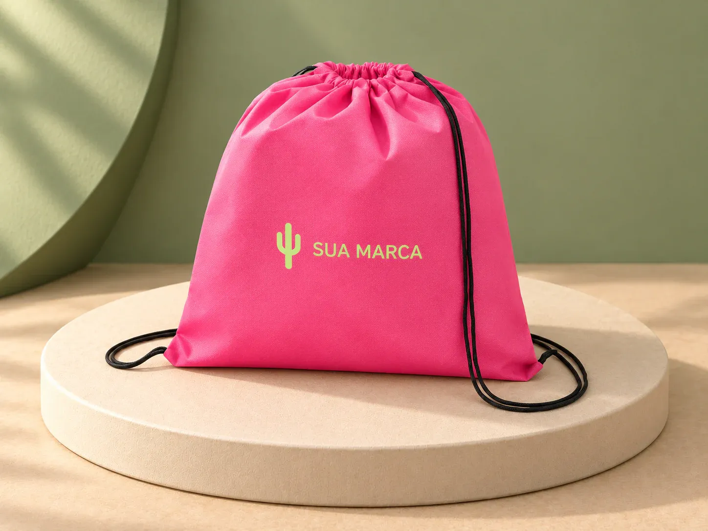 Sacola tipo mochila em non-woven 80 g/m², com exemplo de personalização colorida: um cacto e o texto “SUA MARCA” impressos em cor