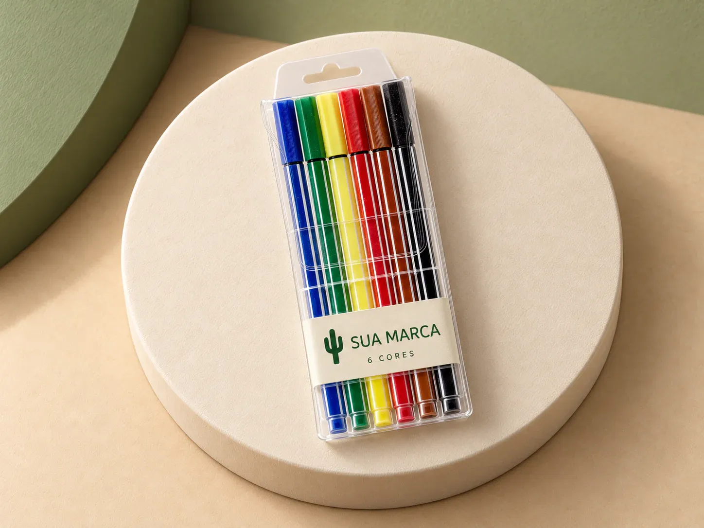 Kit canetinhas traço fino 6 cores, com exemplo de personalização colorida: um cacto e o texto “SUA MARCA” impressos em cor