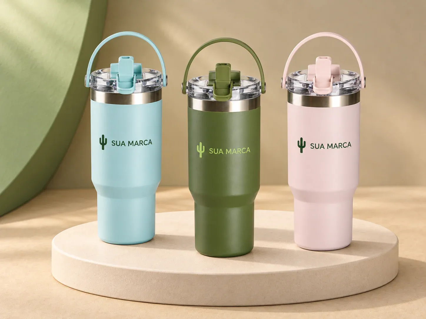 Copo térmico 900 ml, com exemplo de personalização colorida: um cacto e o texto “SUA MARCA” impressos em cor