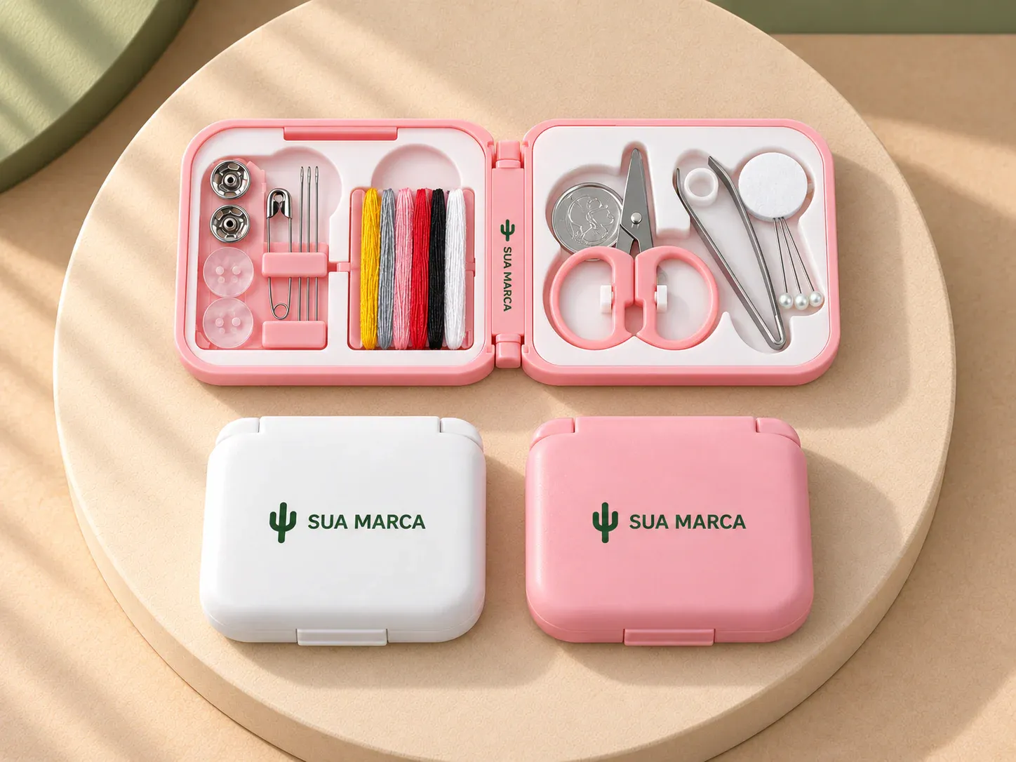 Kit de costura prático e leve para viagem, com exemplo de personalização colorida: um cacto e o texto “SUA MARCA” impressos em cor