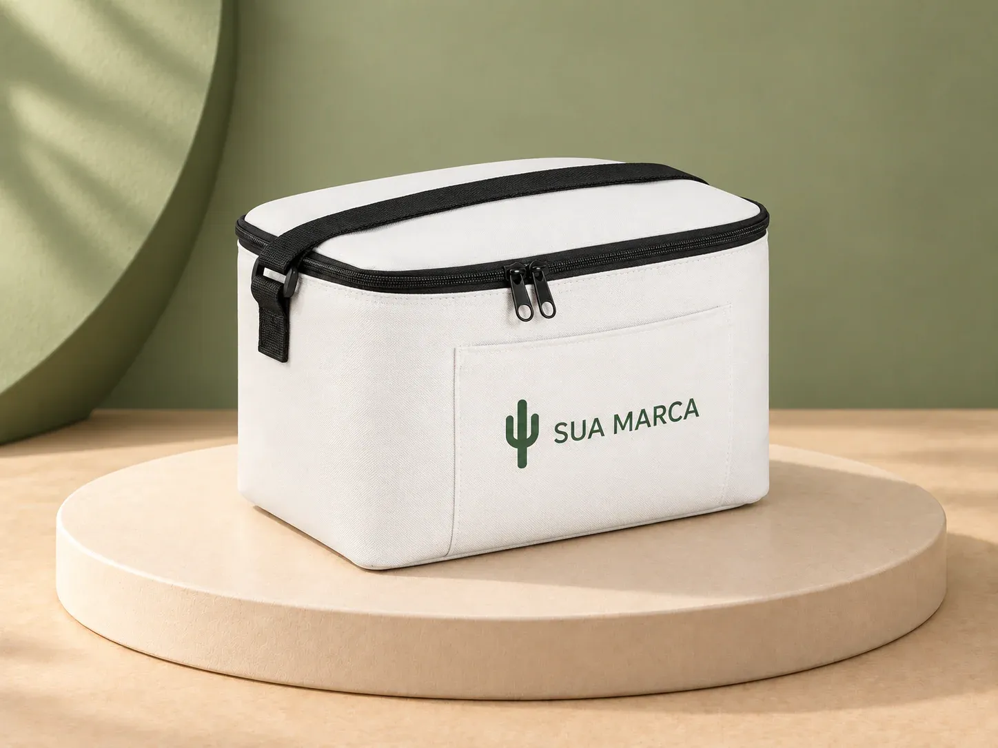 Bolsa térmica em poliéster reciclado 600D com interior em PEVA 7 L, com exemplo de personalização colorida: um cacto e o texto “SUA MARCA” impressos em cor