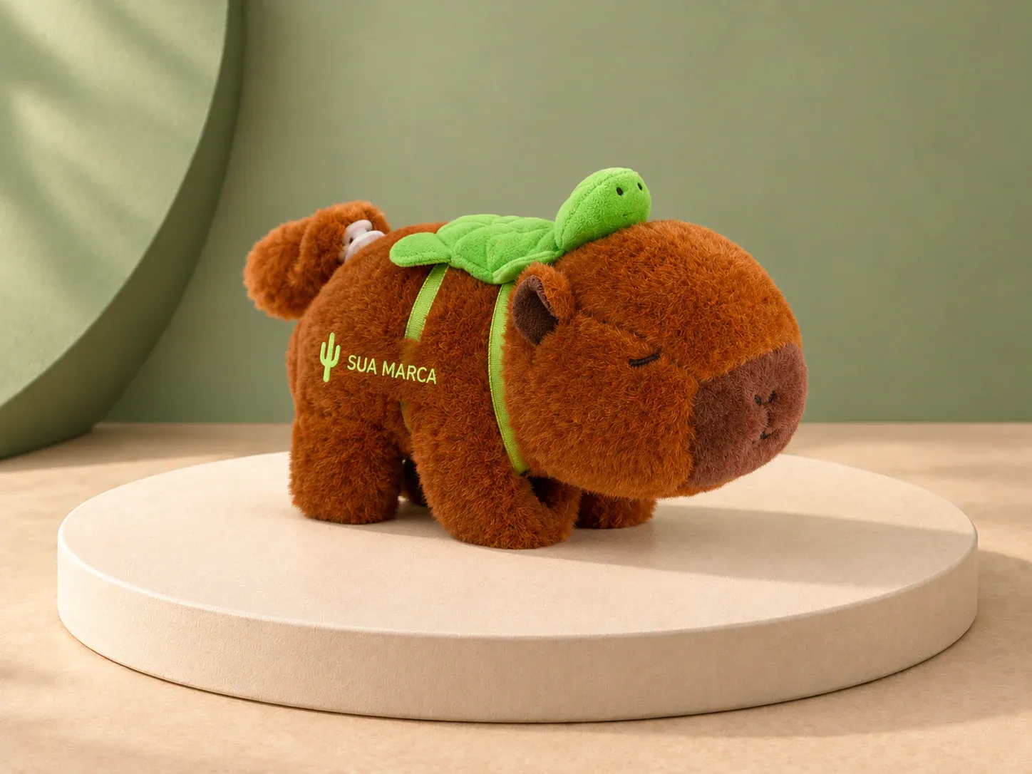 Bracelete capivara de pelúcia com tartaruga, com exemplo de personalização colorida: um cacto e o texto “SUA MARCA” impressos em cor