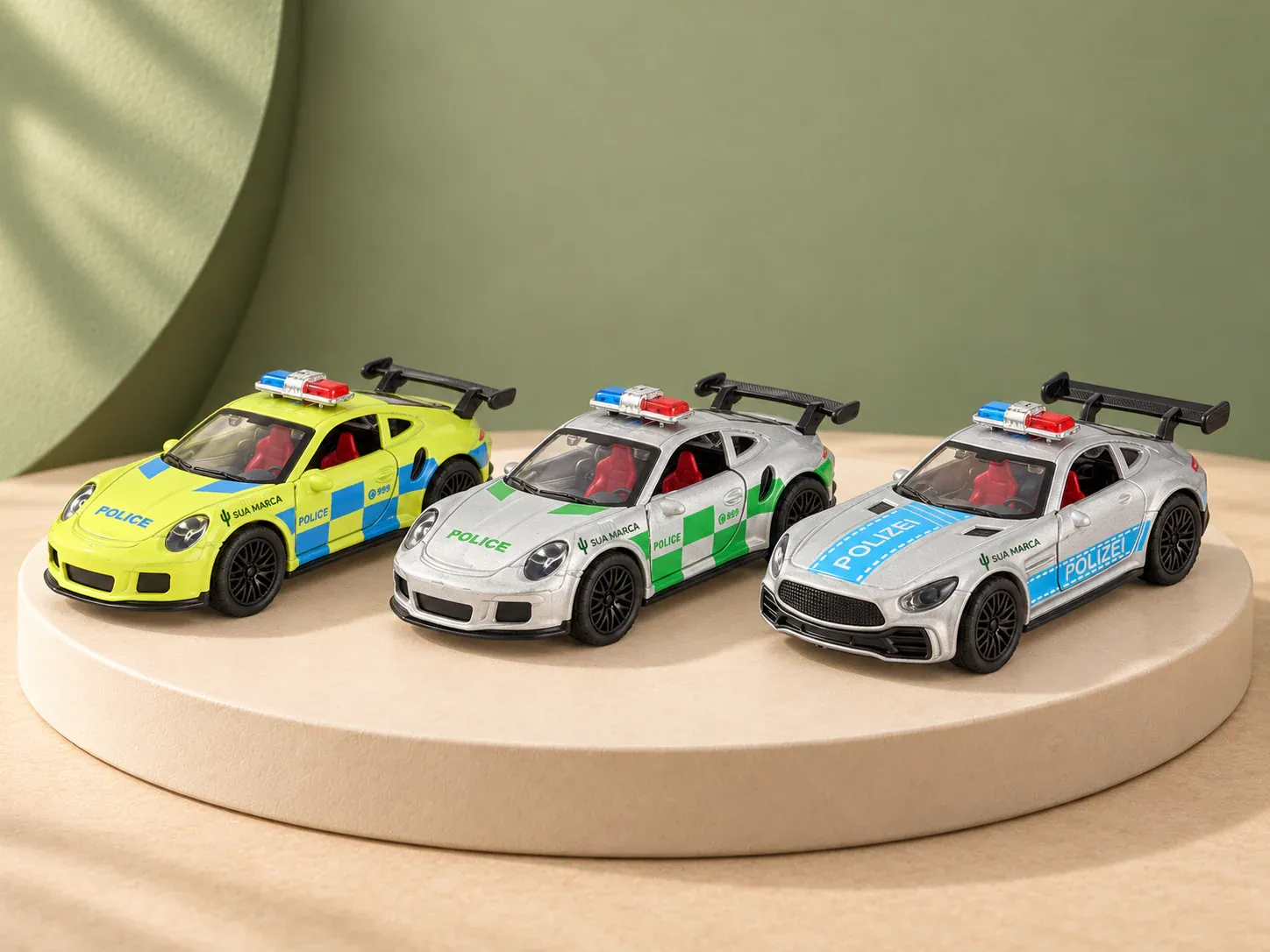 Carrinho de brinquedo em miniatura estilo esportivo com decoração policial, com exemplo de personalização colorida: um cacto e o texto “SUA MARCA” impressos em cor