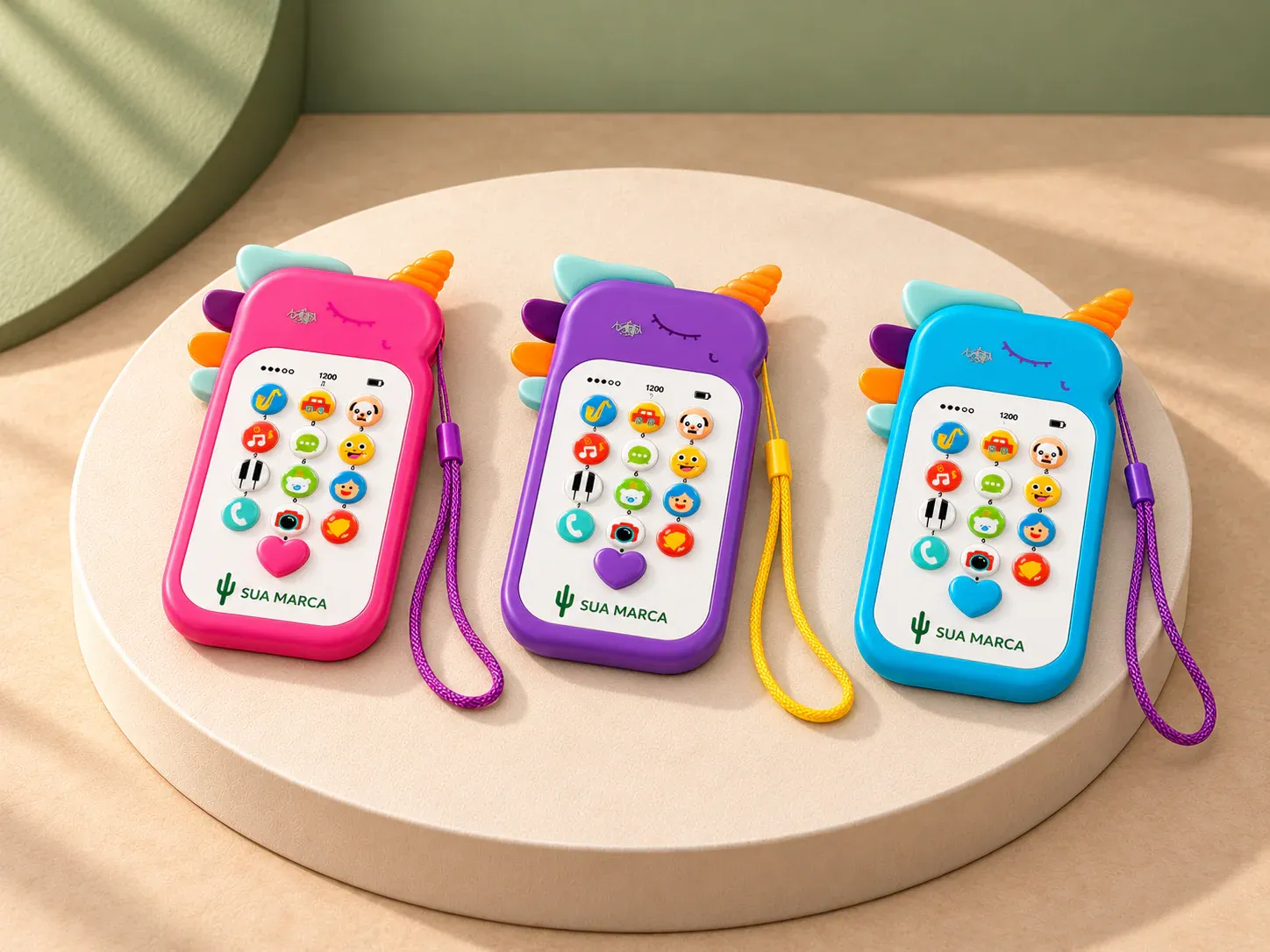 Celular infantil de plástico, com exemplo de personalização colorida: um cacto e o texto “SUA MARCA” impressos em cor