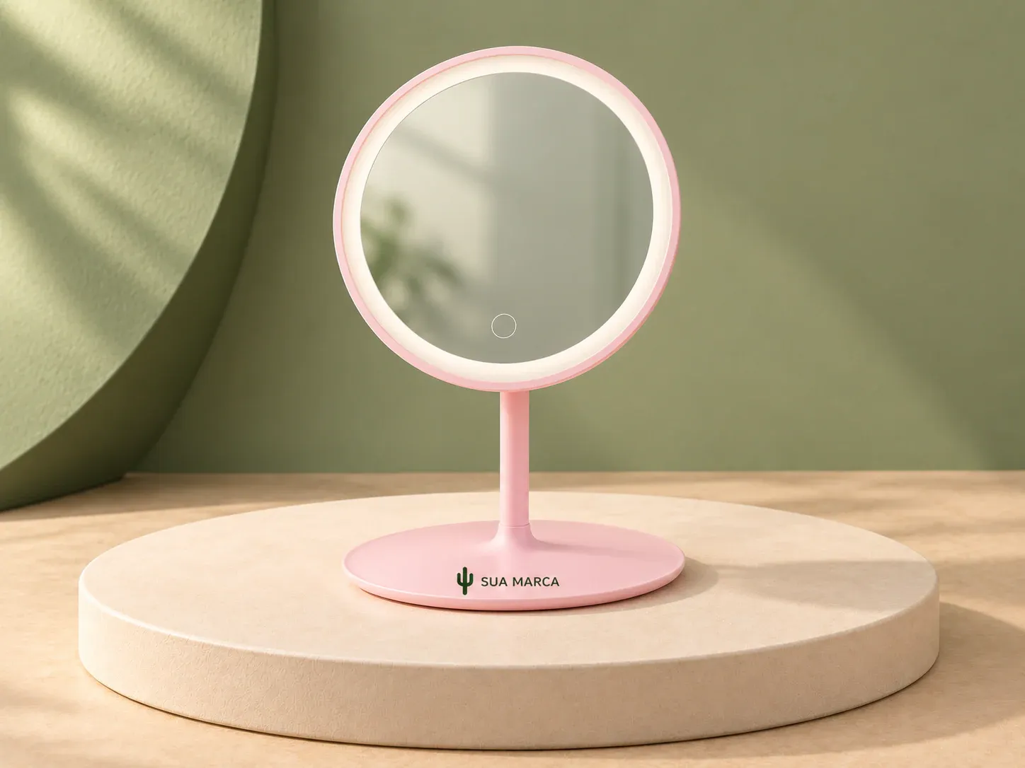 Espelho de mesa plástico com LED, com exemplo de personalização colorida: um cacto e o texto “SUA MARCA” impressos em cor