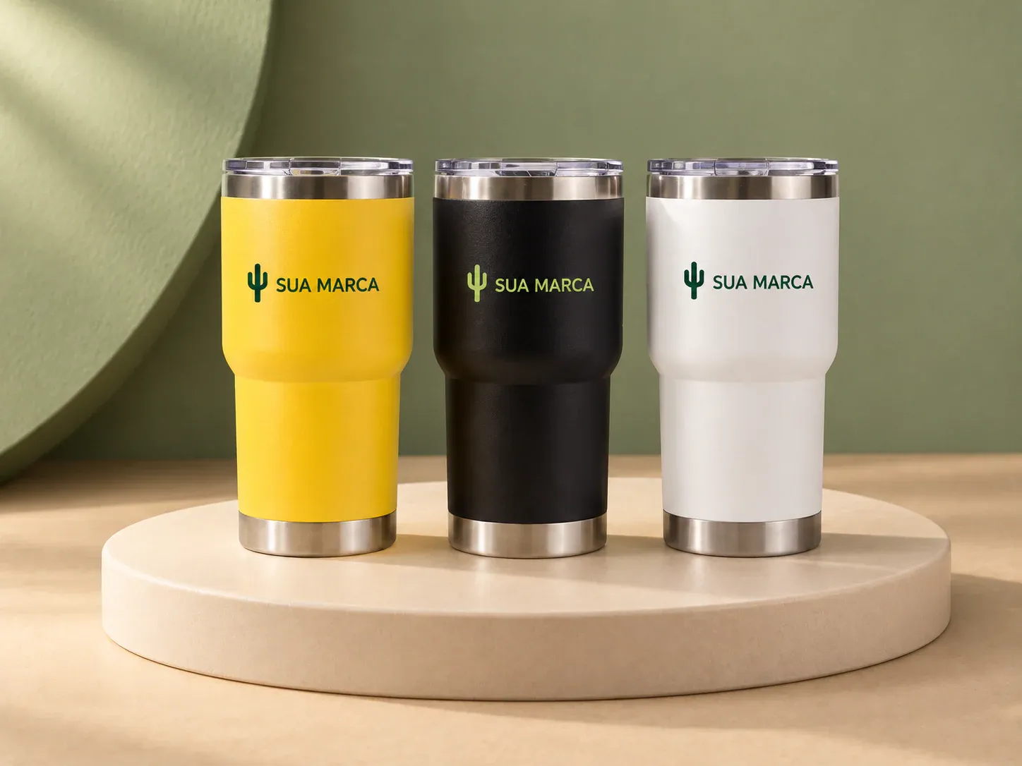 Copo térmico inox 500 ml, com exemplo de personalização colorida: um cacto e o texto “SUA MARCA” impressos em cor