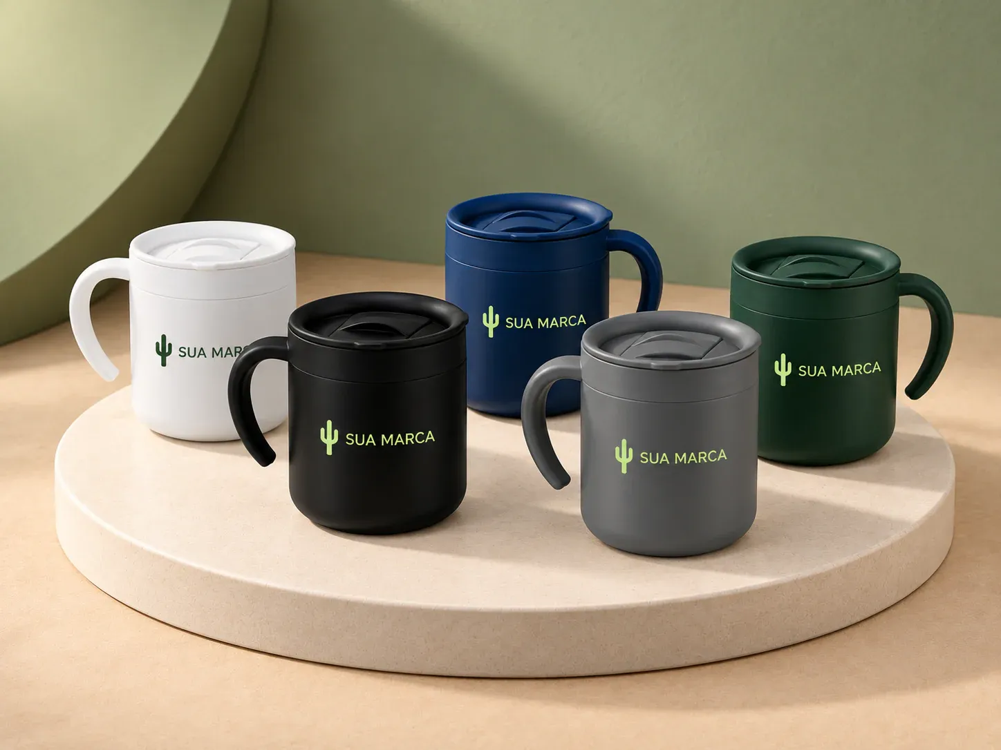 Caneca térmica inox 300 ml, com exemplo de personalização colorida: um cacto e o texto “SUA MARCA” impressos em cor