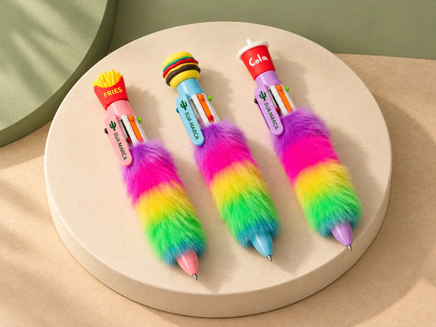 Caneta plástica pelúcia multicolor, com exemplo de personalização colorida: um cacto e o texto “SUA MARCA” impressos em cor