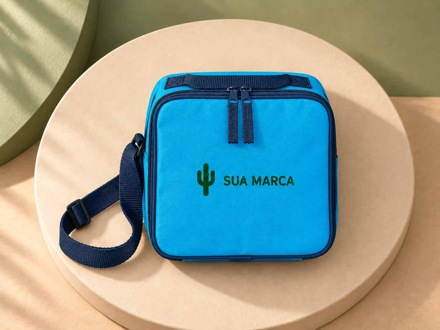 Bolsa térmica em 600D com alça ajustável, com exemplo de personalização colorida: um cacto e o texto “SUA MARCA” impressos em cor