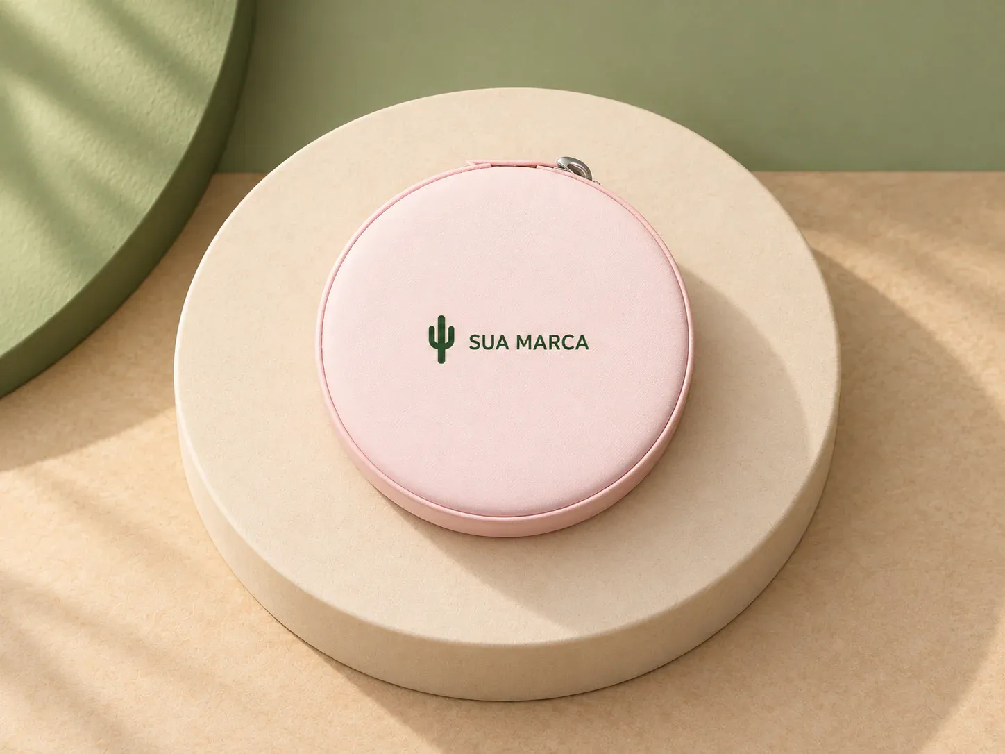 Porta-joias em couro sintético, com exemplo de personalização colorida: um cacto e o texto “SUA MARCA” impressos em cor