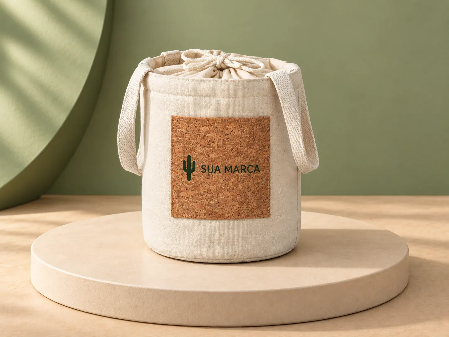 Bolsa térmica em algodão e cortiça 4,8 L, com exemplo de personalização colorida: um cacto e o texto “SUA MARCA” impressos em cor