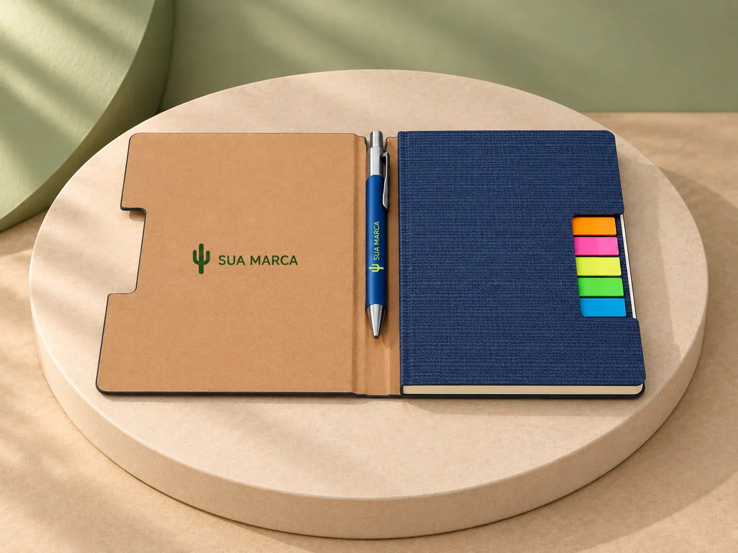Caderno com autoadesivos, com exemplo de personalização colorida: um cacto e o texto “SUA MARCA” impressos em cor