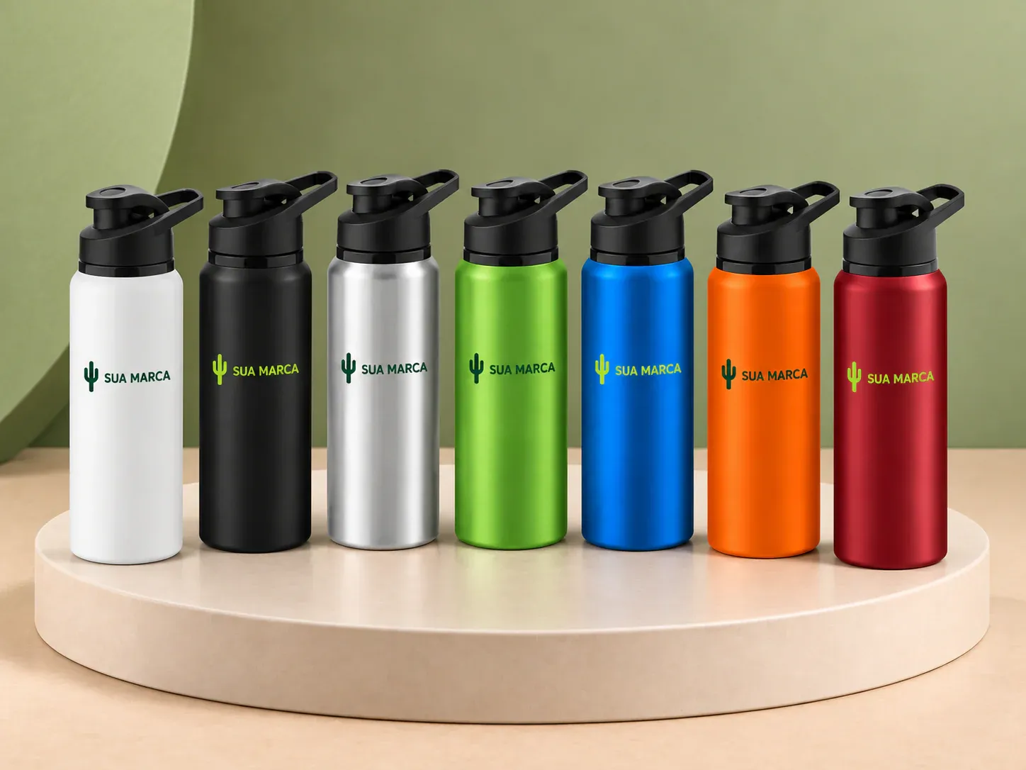 Garrafa em alumínio 650 ml, com exemplo de personalização colorida: um cacto e o texto “SUA MARCA” impressos em cor