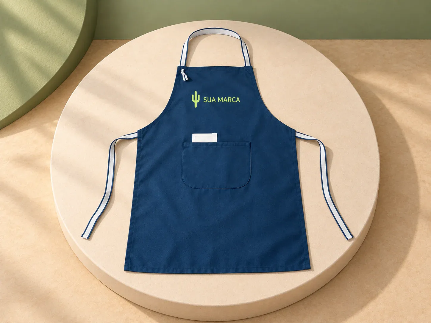 Avental em algodão e poliéster com bolsos, com exemplo de personalização colorida: um cacto e o texto “SUA MARCA” impressos em cor