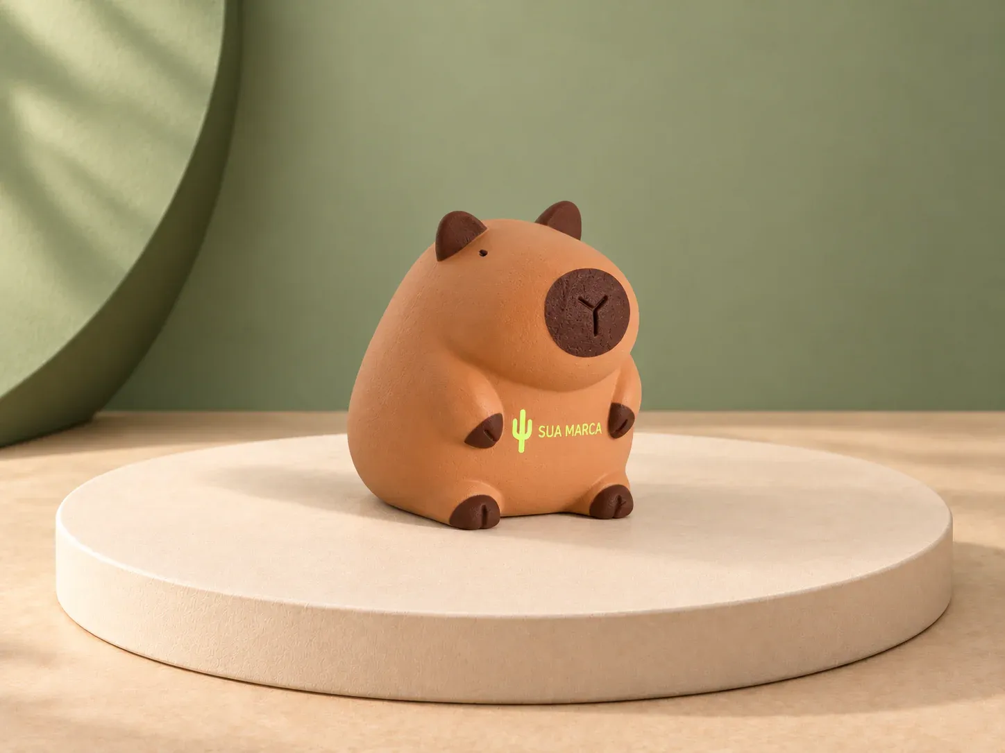 Squishy capivara antiestresse, com exemplo de personalização colorida: um cacto e o texto “SUA MARCA” impressos em cor